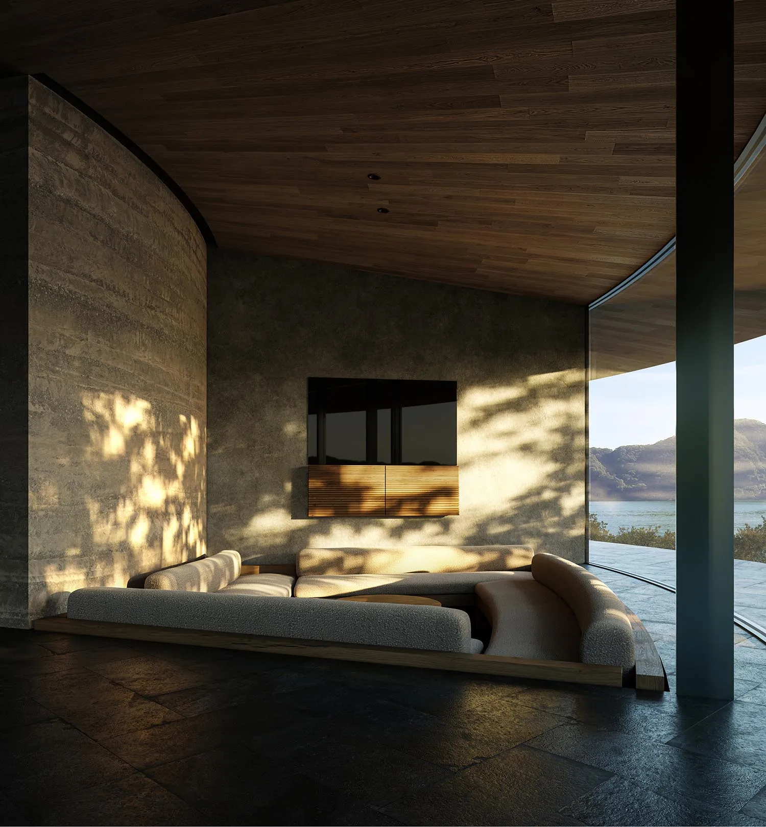 A well-lit living room with a modern design, featuring a couch, chair, and dining table, with wood and glass materials