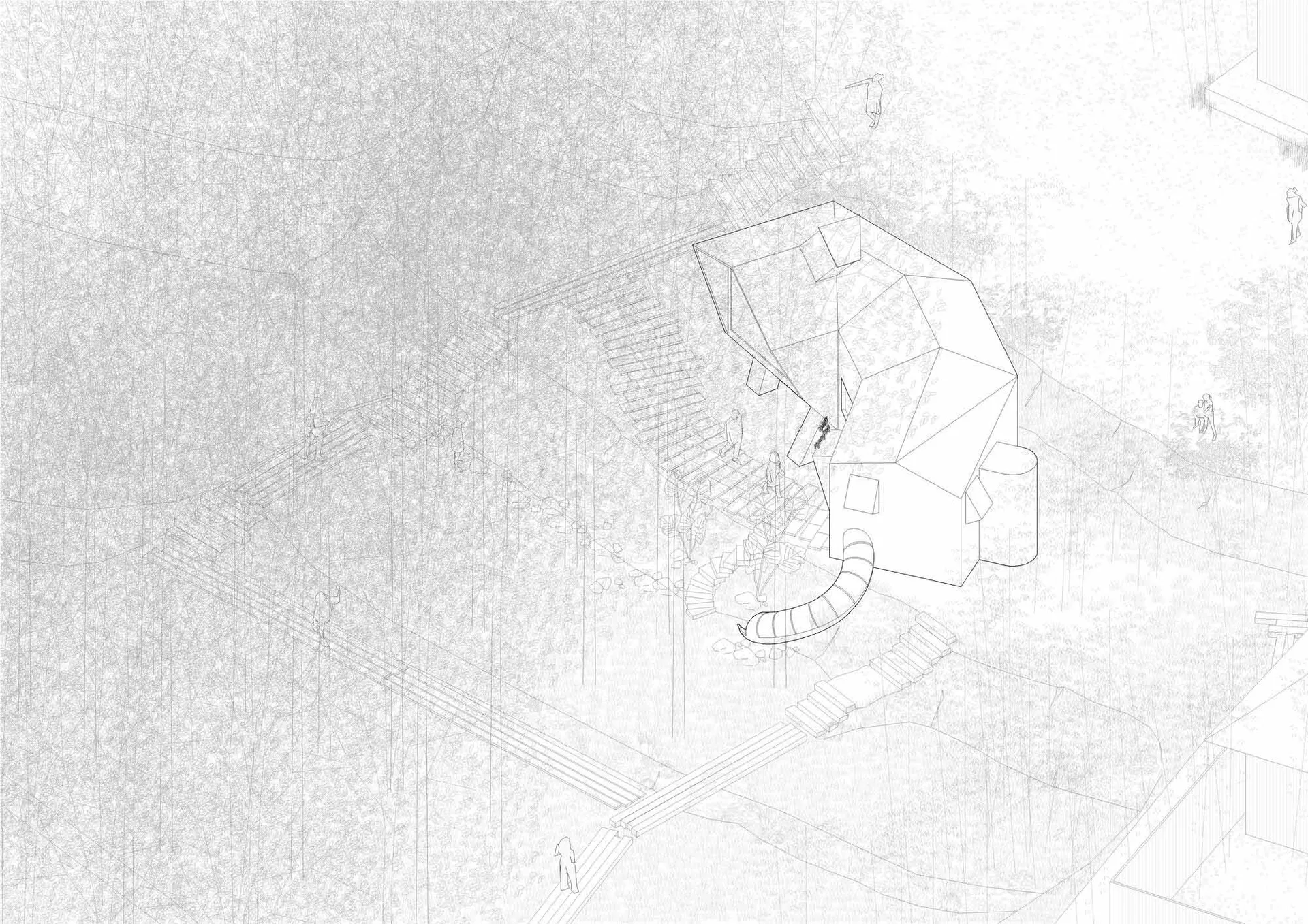 Black and white drawing of a minimalist residential floor plan with a staircase and a person visible in the scene