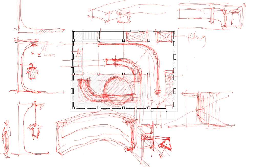 Detailed black and white floor plan of a minimalist residential space featuring a kitchen and bathroom with various elements and labels