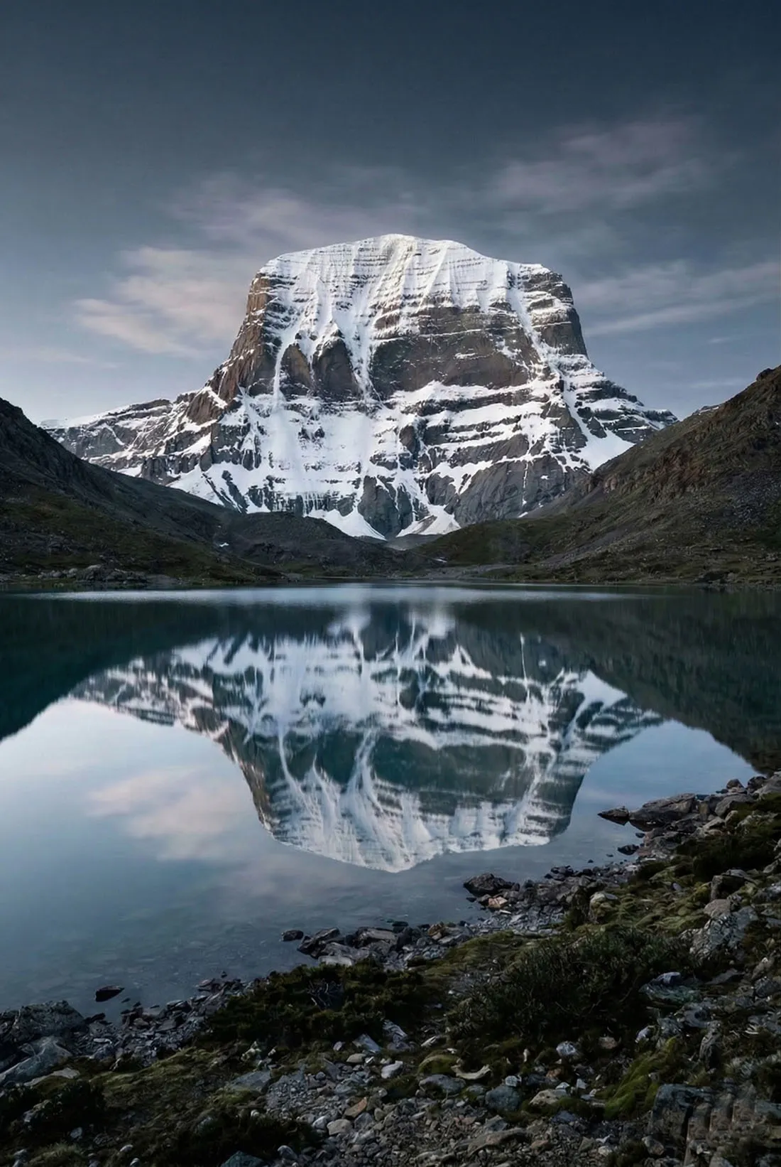 A serene mountain landscape with a snow-covered peak reflected in a calm lake, surrounded by natural beauty