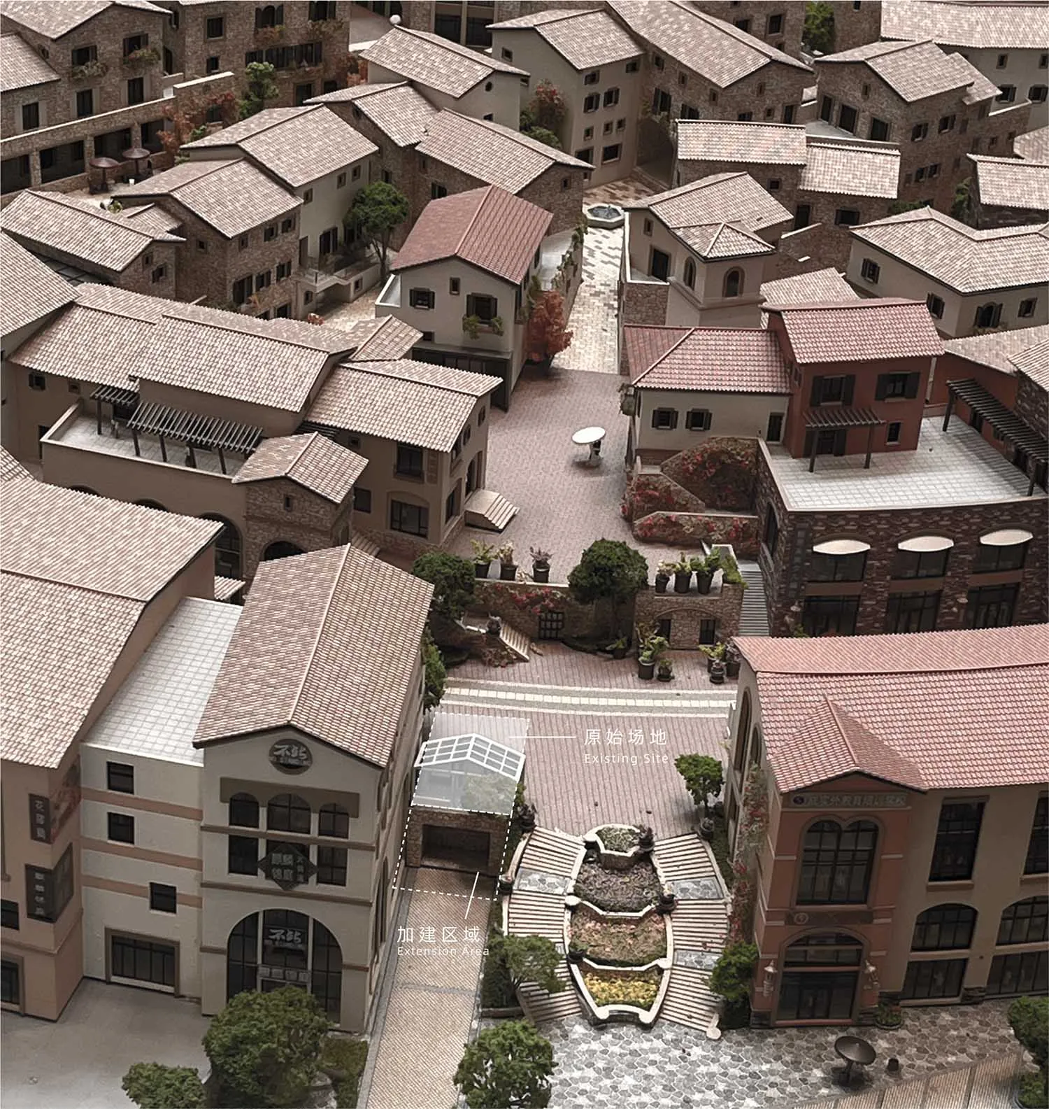 A bustling city scene with a mix of brick buildings in red and brown tones, set in a vibrant urban environment with natural sunlight and a lively atmosphere