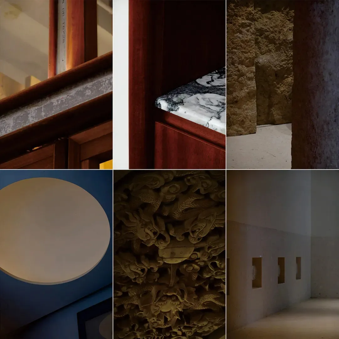 A collage of architectural scenes featuring indoor spaces with a mix of modern and traditional elements, wood, stone, and marble, and a combination of natural and artificial lighting