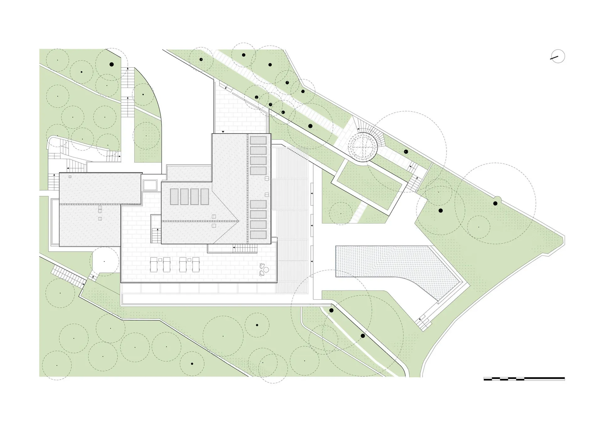 A simple 2D floor plan of a house with a natural setting, surrounded by trees, with sunlight shining on the building, highlighting its traditional and rustic features