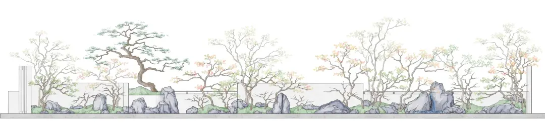 a serene garden scene with a large tree, small tree, and rock wall, surrounded by natural elements