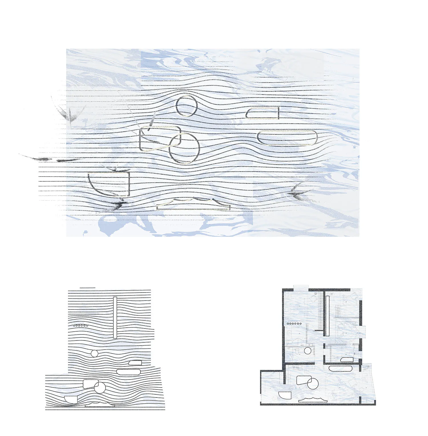 Top-down view of a modern residential building floor plan with clean lines, minimalistic design, and natural lighting