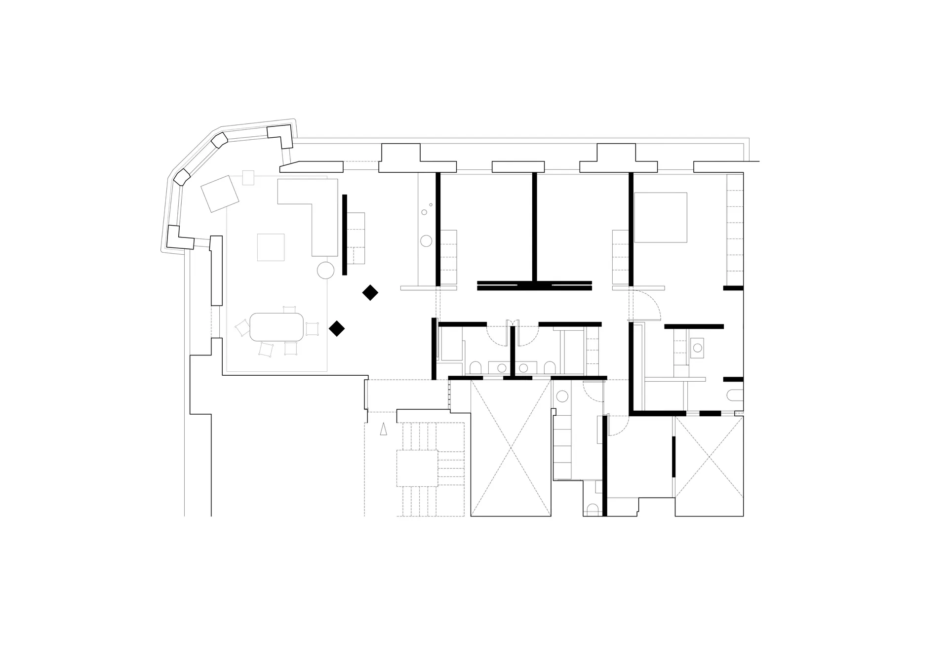 Black and white floor plan of a minimalist building with a clean and organized layout