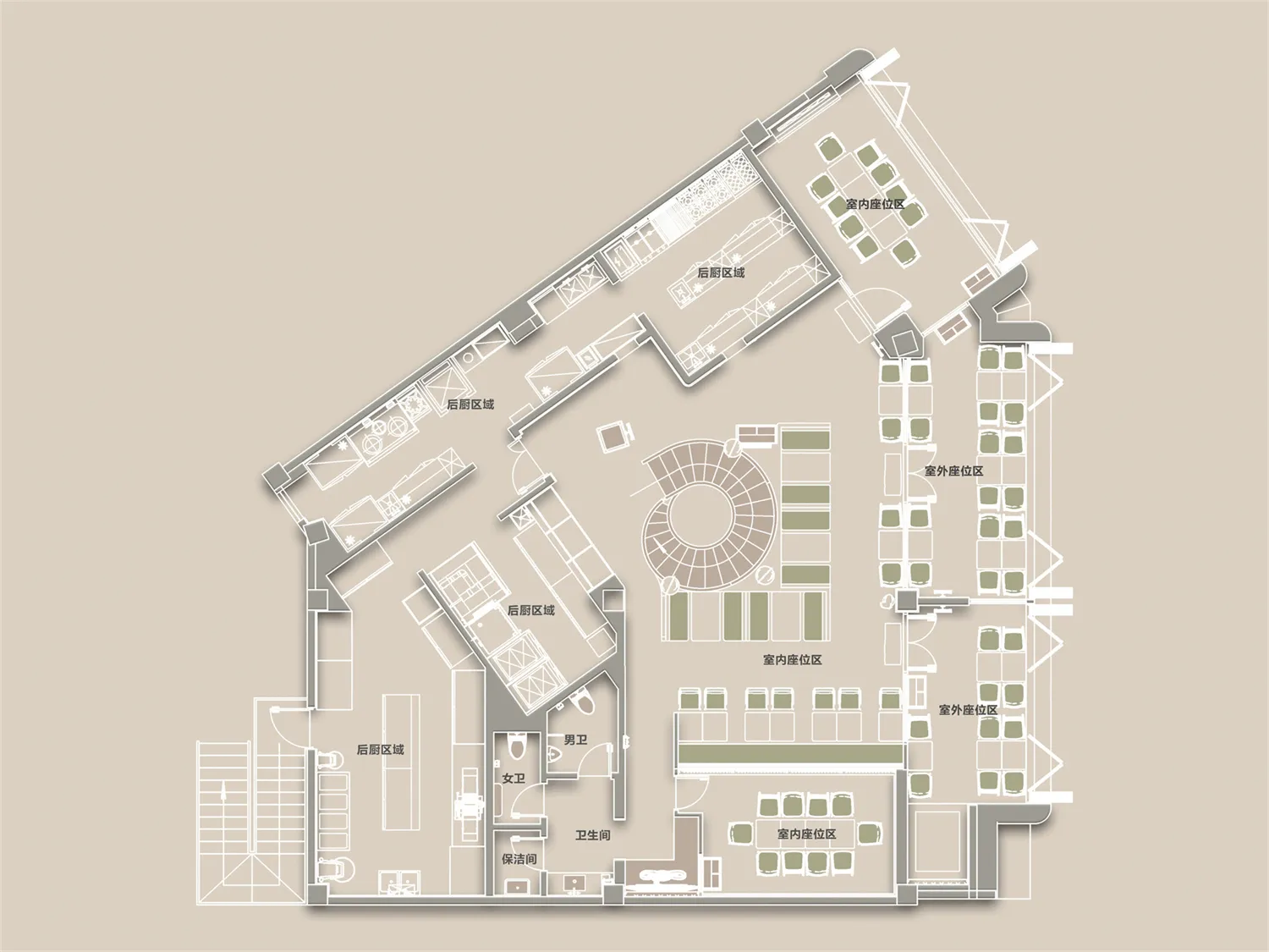 A modern floor plan of a large open-plan dining space with multiple chairs and tables, a circular central gathering spot, and clean lines and minimal decoration