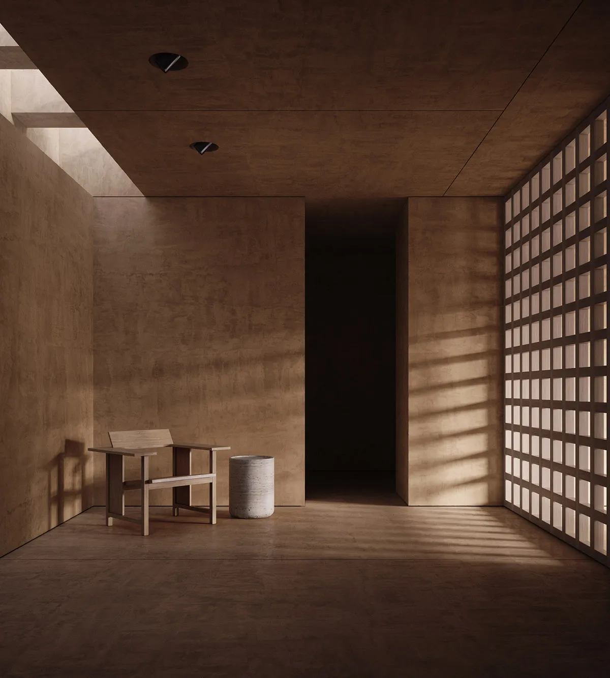 Small, dimly lit room with a wooden floor, a wooden table, and a chair, creating a cozy atmosphere