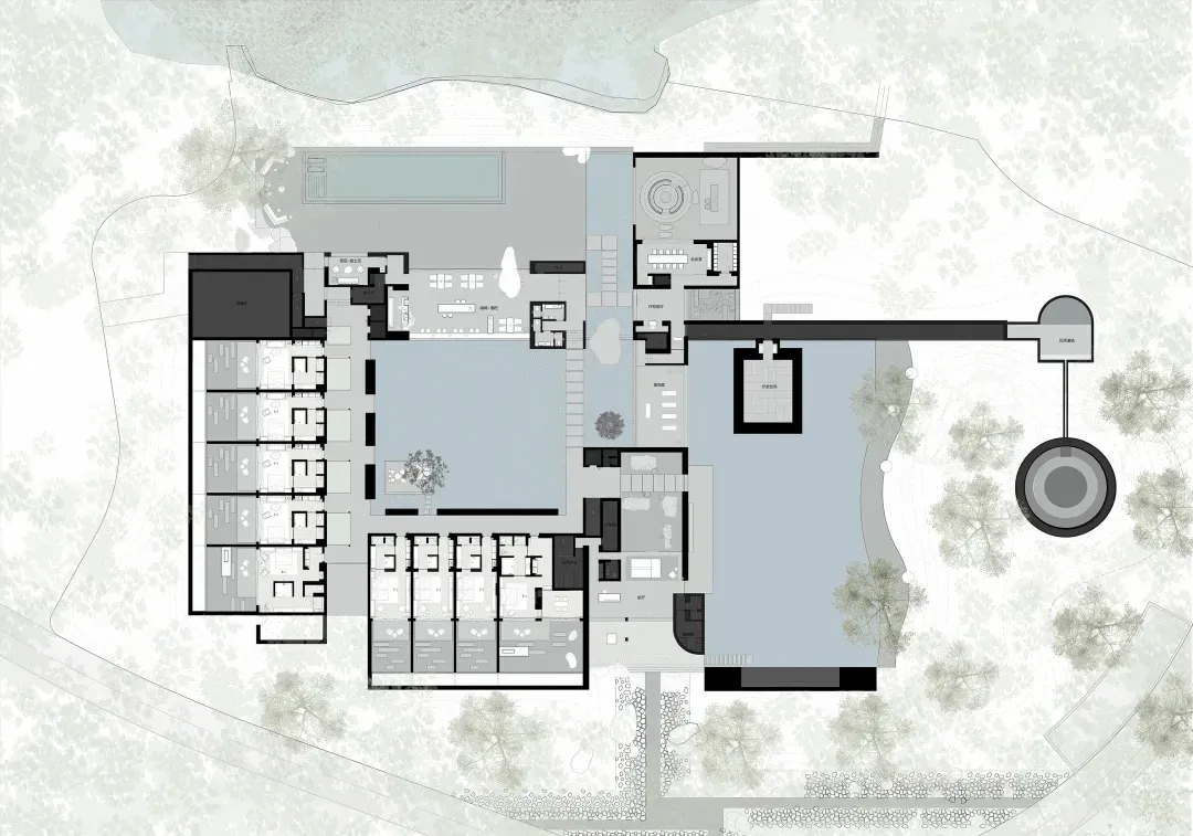 A modern architectural floor plan with a large open space featuring a pool, spa, and dining area, filled with natural light and high-quality materials