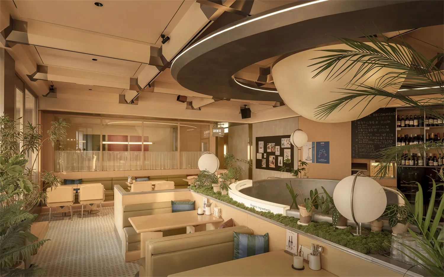 cozy restaurant interior with a circular dining table, potted plants, and a mix of natural and artificial lighting
