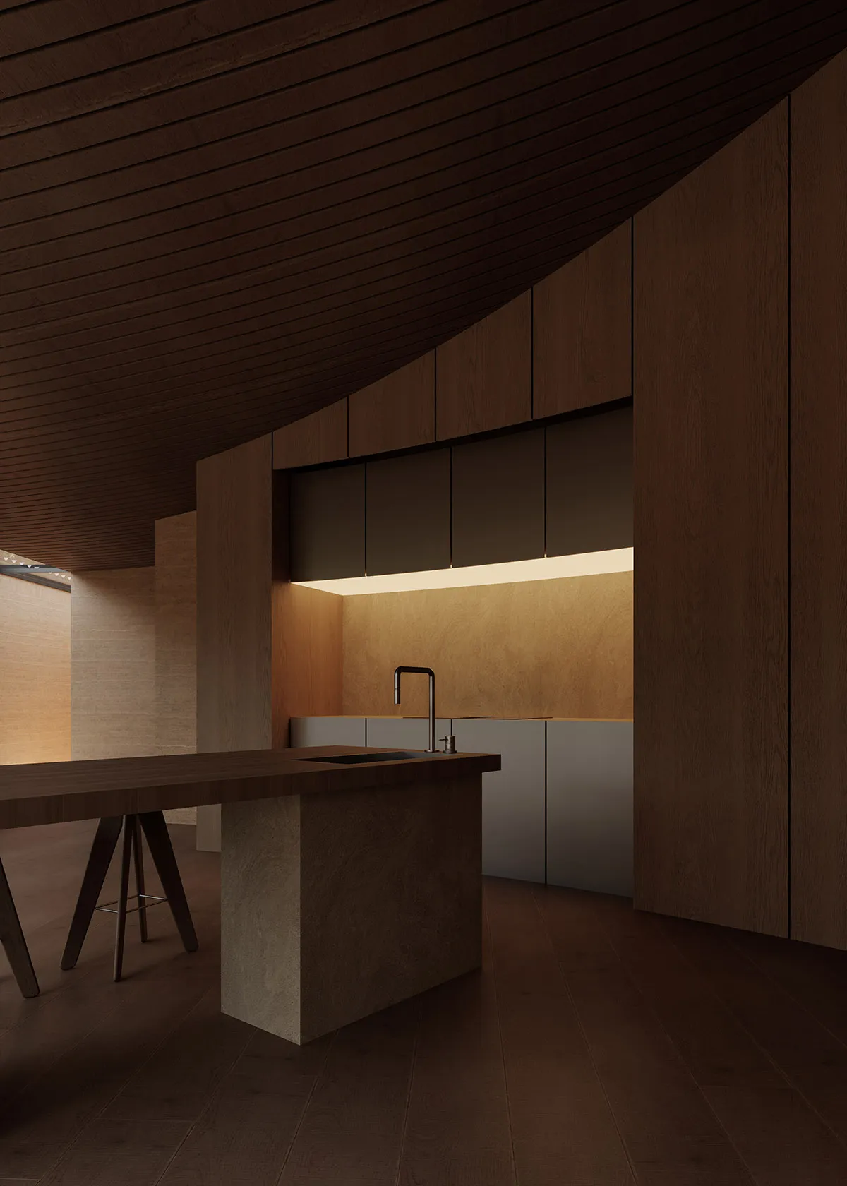 Wooden kitchen with a dining table, wooden counter, and dim lighting creating a cozy atmosphere