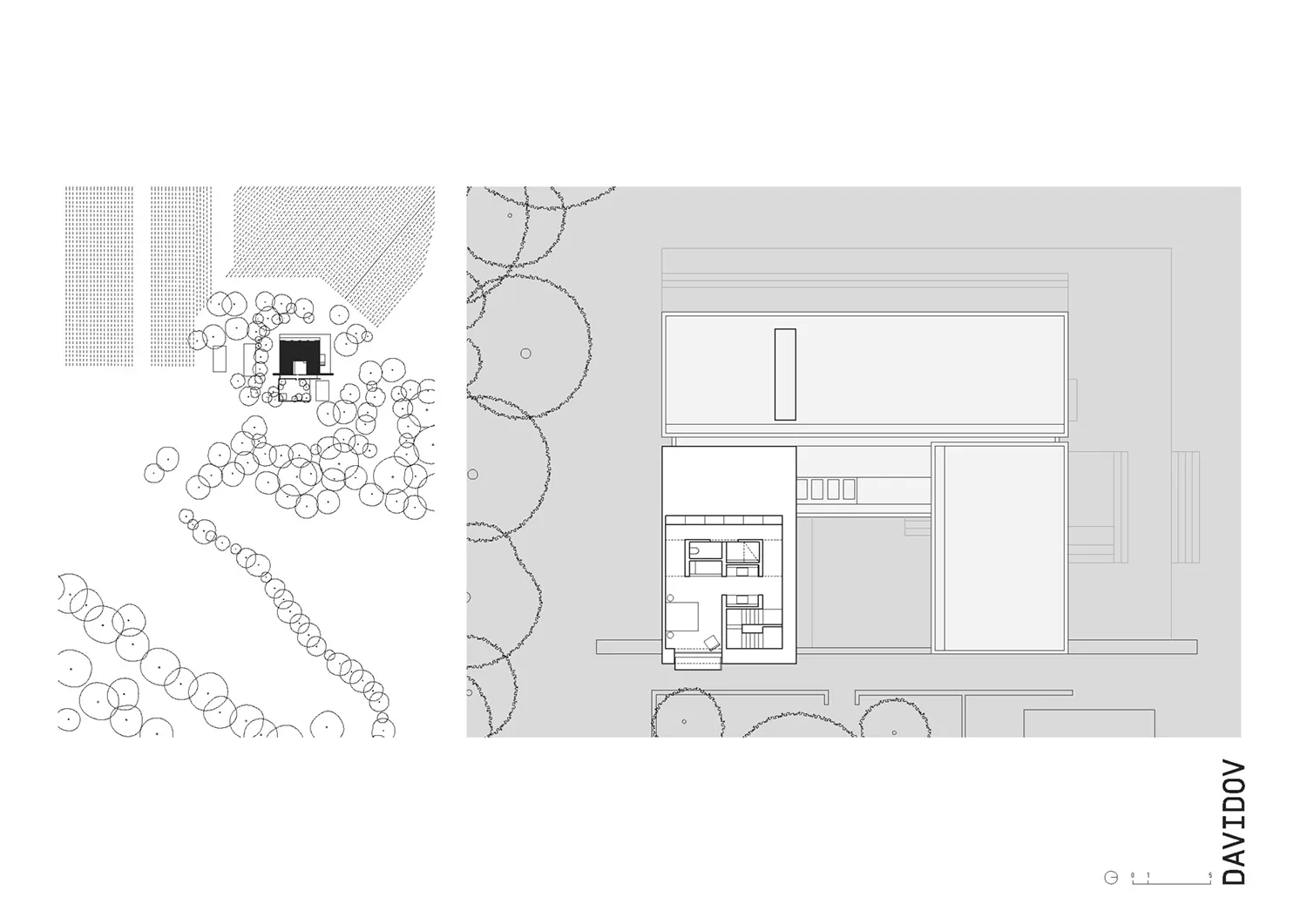 Black and white photo of a modern house with a kitchen, living room, and dining room, featuring concrete and glass materials, dim lighting, and a cozy atmosphere