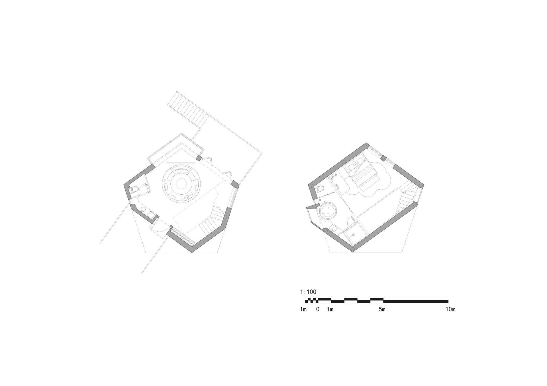 Top-down view of a modern house floor plan with white walls, clean lines, and minimalistic design, featuring a living room, kitchen, and bedroom