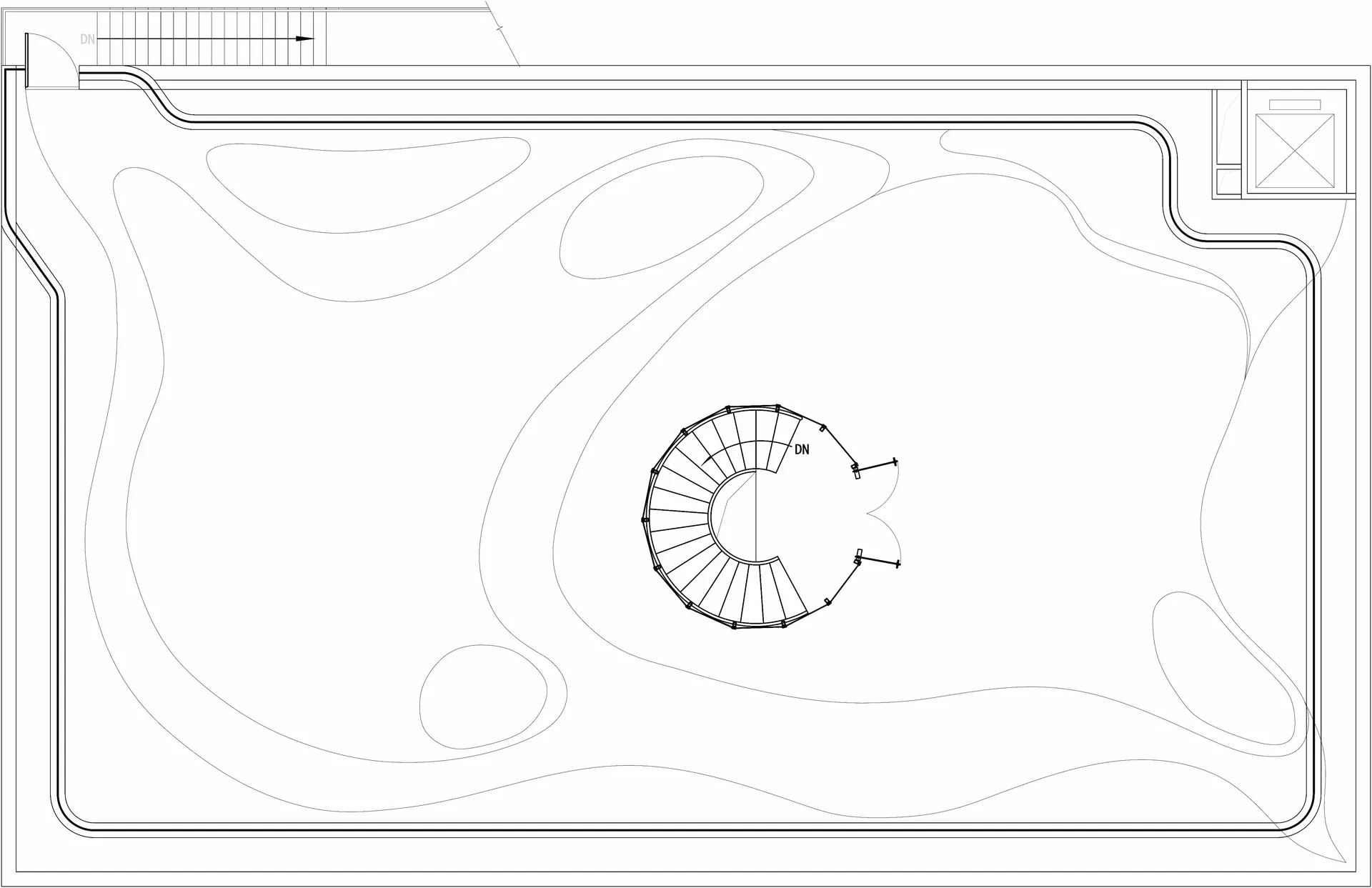 Black and white floor plan of a circular lobby with a spiral staircase in the center, surrounded by a circular area