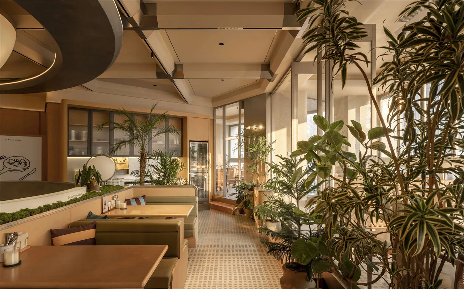 modern restaurant with a large dining area, bar, and warm lighting, featuring wood and glass elements