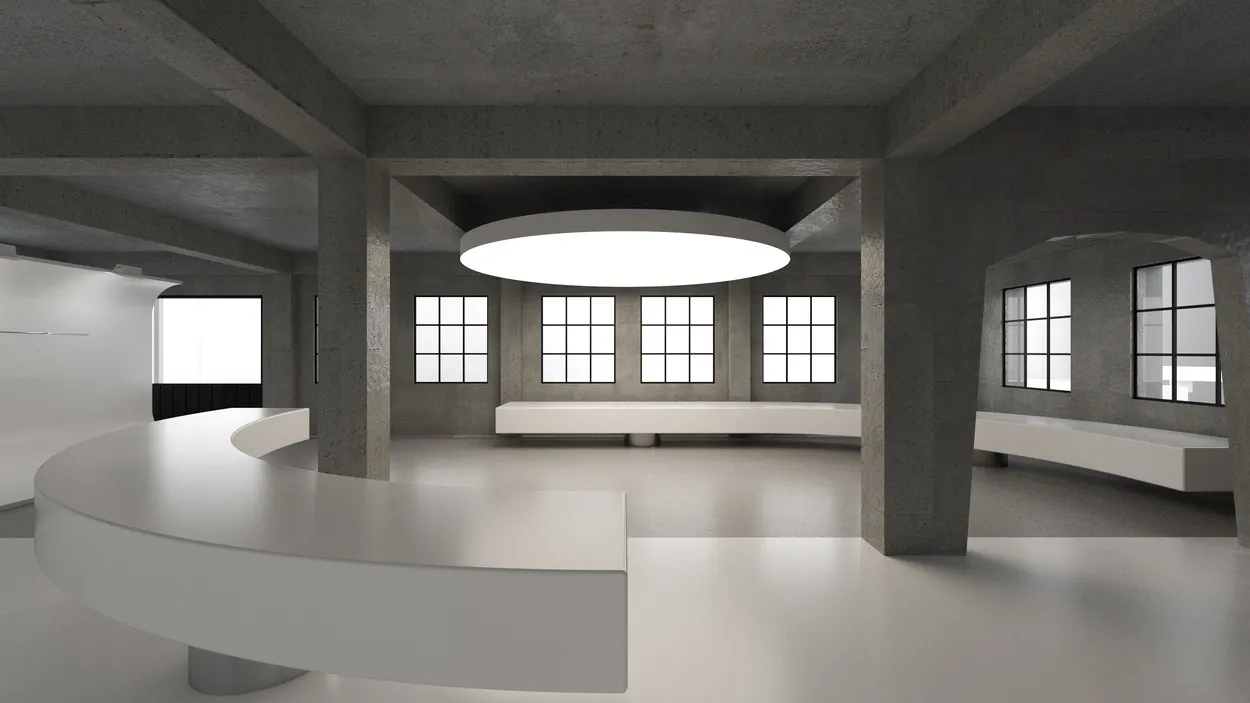 2D 的地板plan 的一個大,開放空間,白色工作台,圓形燈,線條,標籤,及尺寸