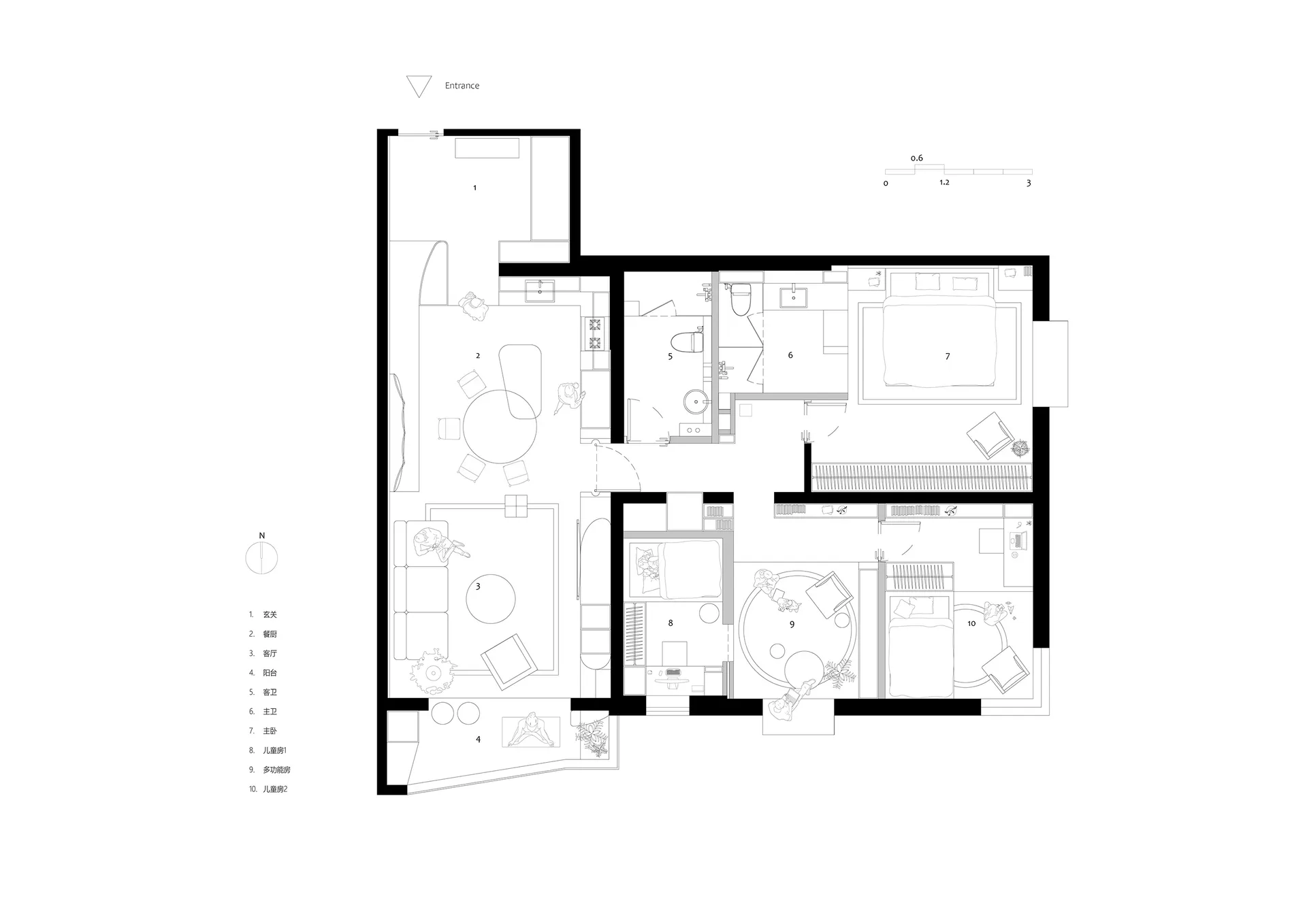 黑白設計的現代住宅空間圖，內含木製裝飾，展示客廳、餐廳和廚房