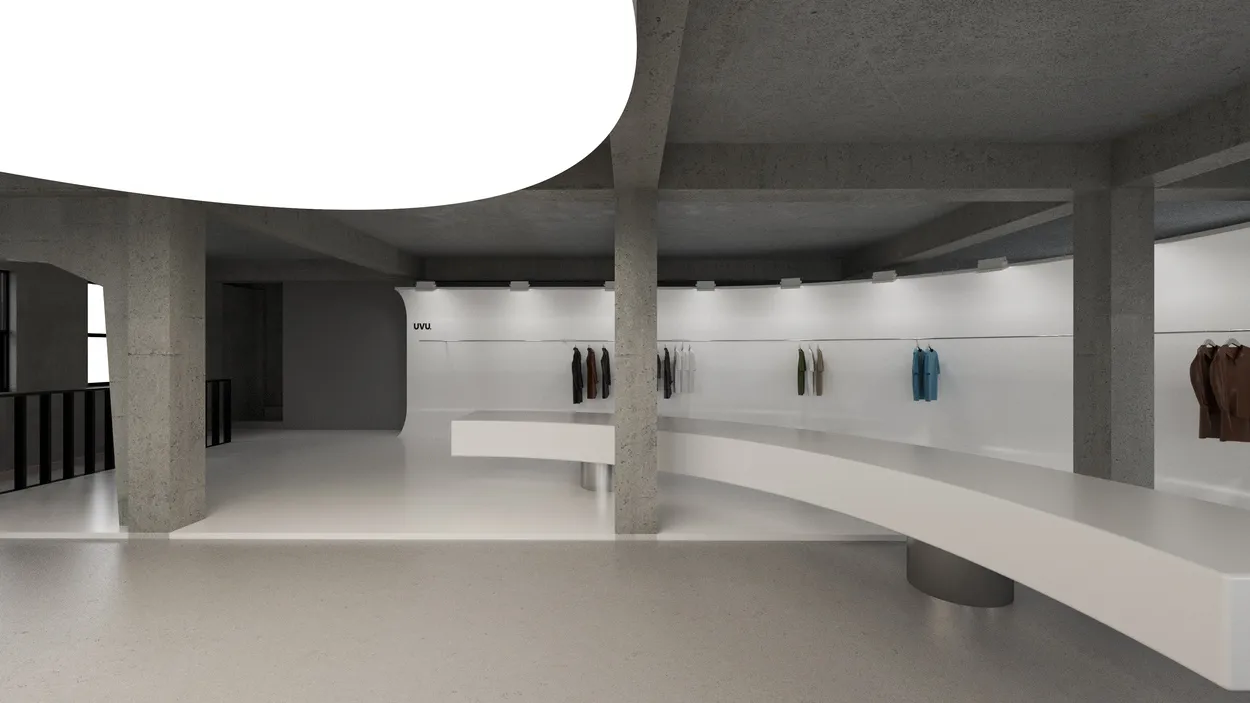 A modern and minimalist room filled with clothing items, featuring a white floor and counter, with dim lighting creating a subdued atmosphere