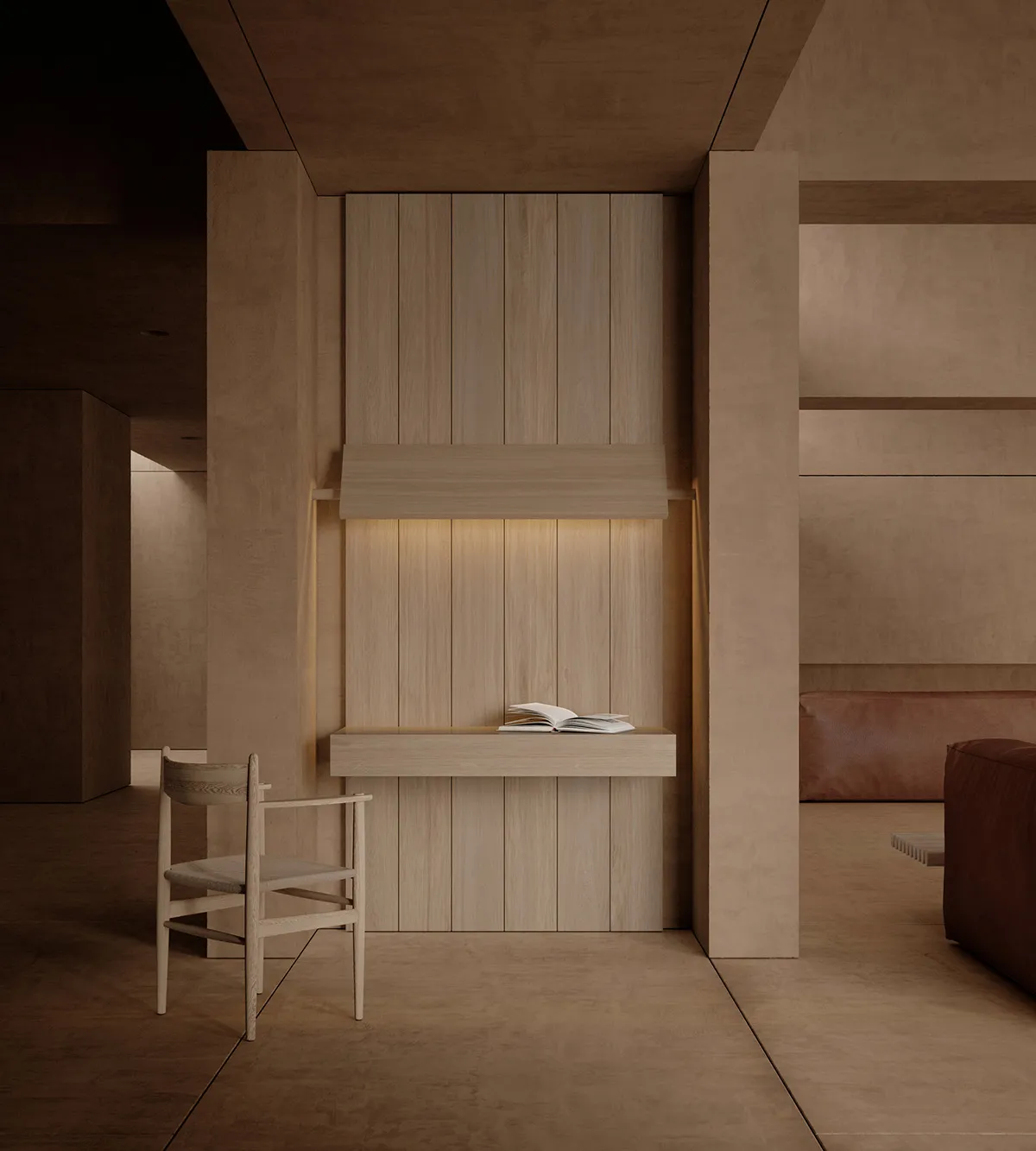 A well-lit living room with a wooden floor, a couch, a chair, and a wooden desk, creating a comfortable and inviting atmosphere
