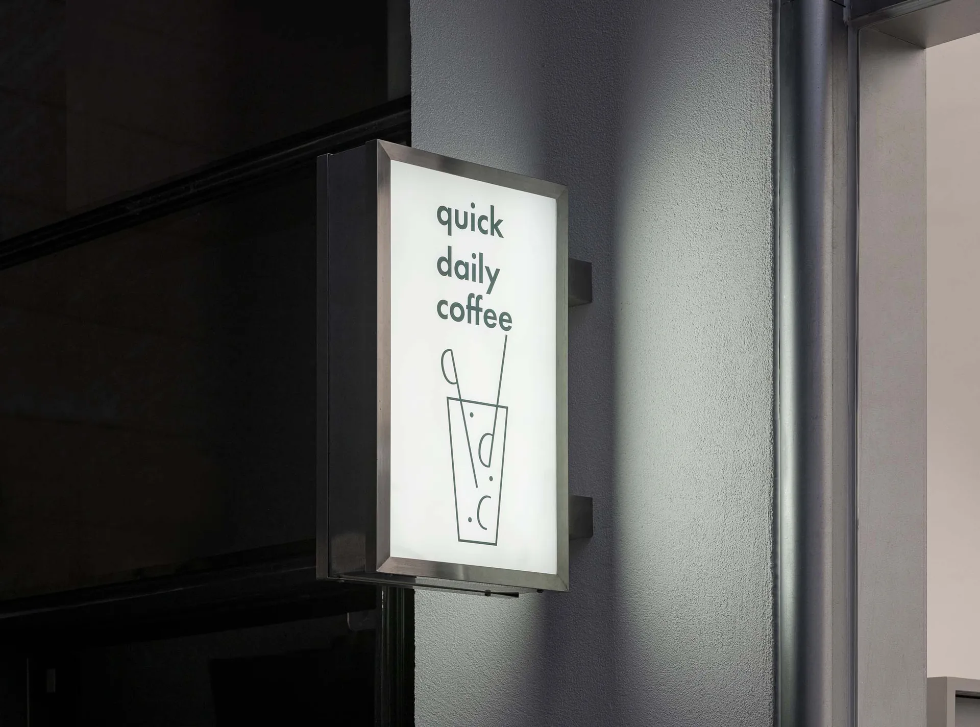 A small, dimly lit coffee shop with a warm atmosphere and an illuminated sign reading Quick Daily Coffee