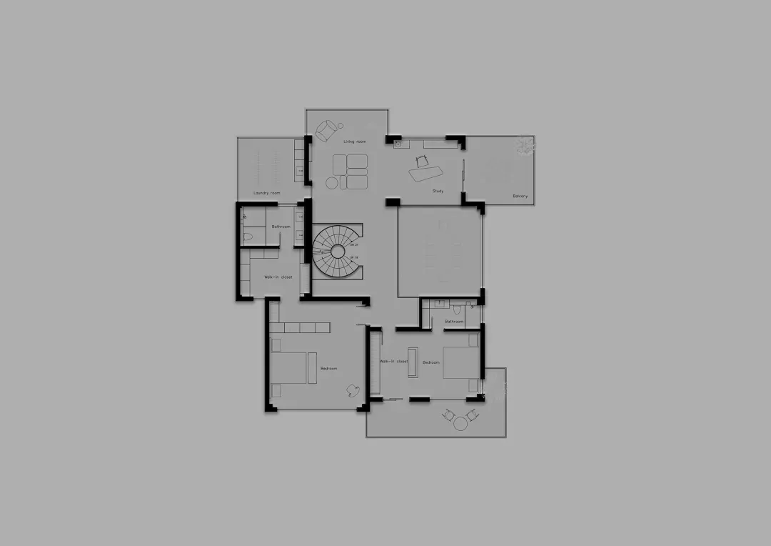 黑白色傳統房屋平面圖，顯示石牆房屋的室內佈局和尺寸