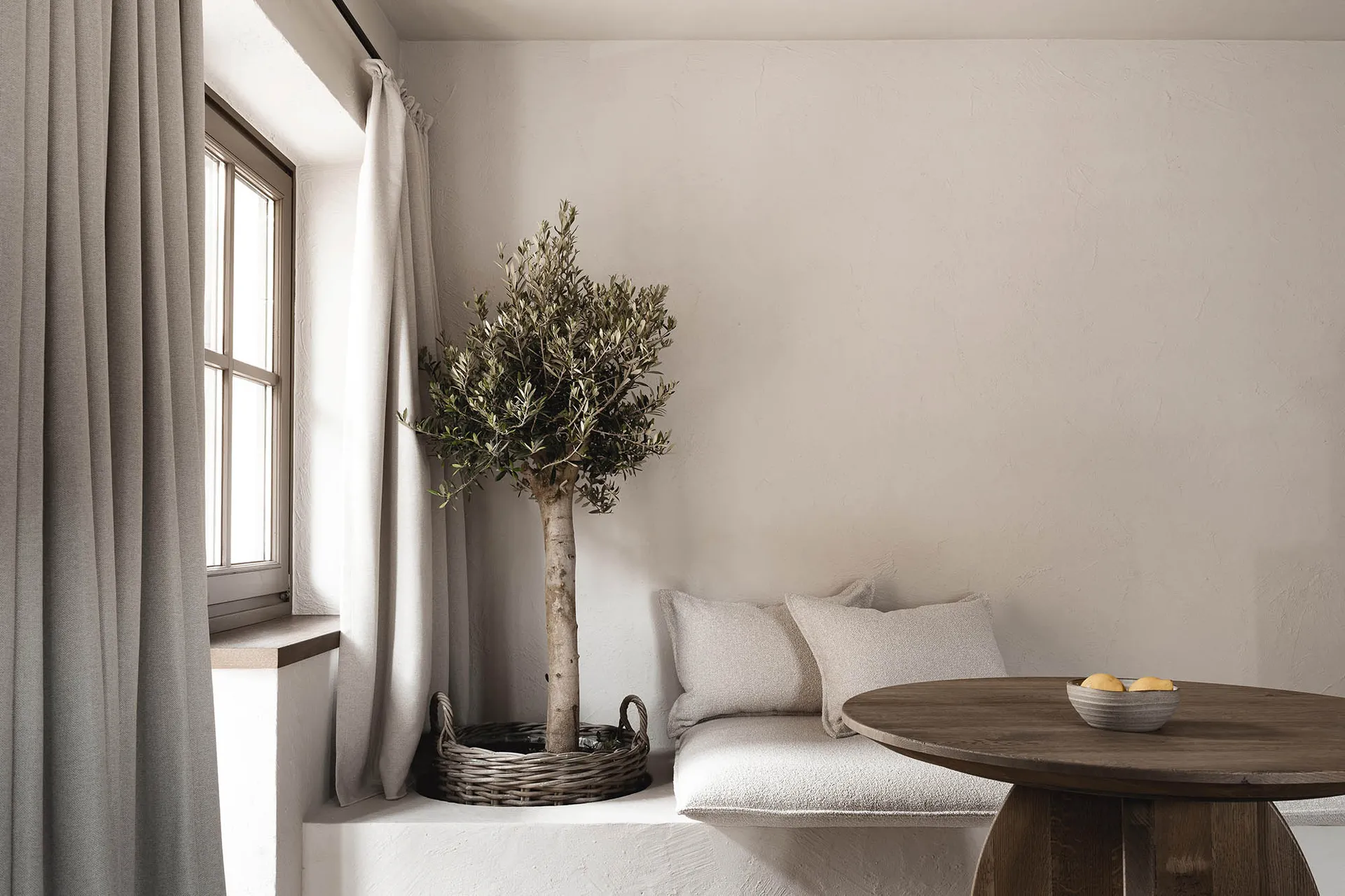 Comfortable living space with a white couch, dining table, and potted plant, well-lit through a window with a curtain