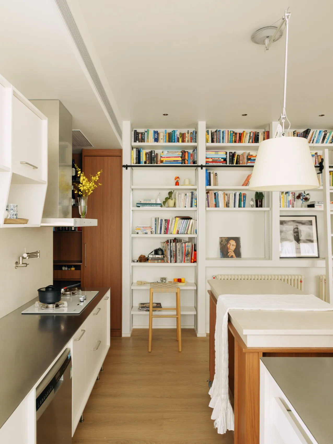 Cozy modern kitchen and living room area with furniture, decor, books, vases, and potted plants, featuring a modern and comfortable style