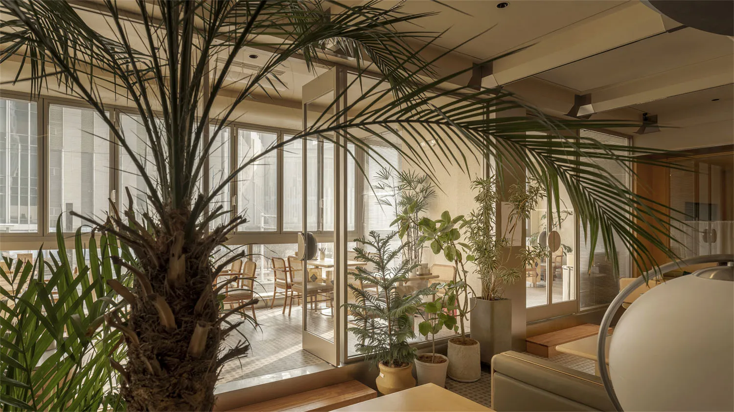 Cozy modern restaurant interior with potted plants, tables, and chairs, creating a lively atmosphere