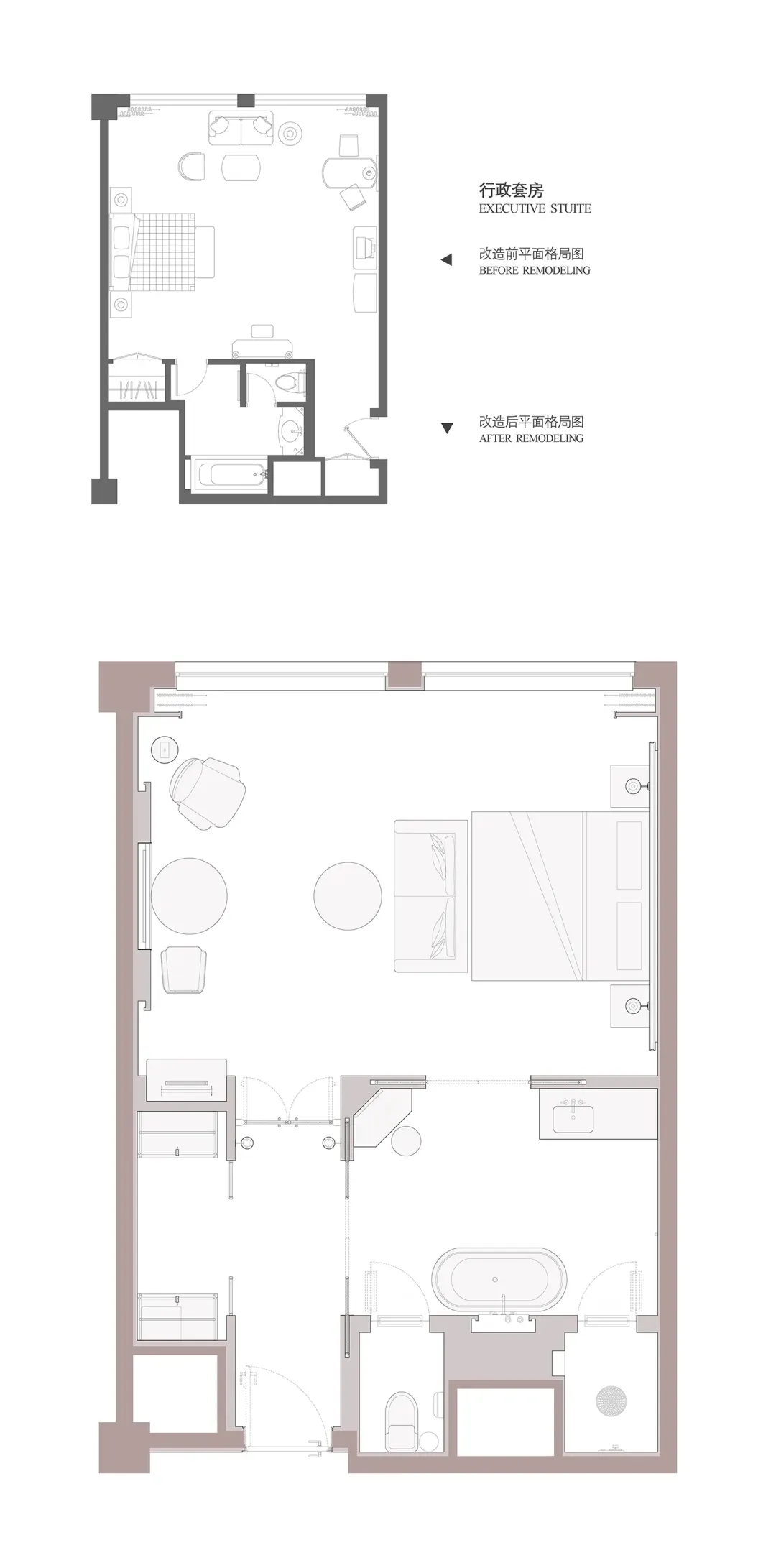 2D 層疊空間圖：白色主題的現代居住空間，包含床、椅子、餐桌，背景為沙發