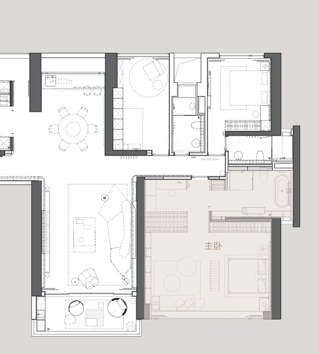 A 2D floor plan of a modern house with a living room, dining room, and kitchen, featuring clean lines, minimalistic design, and neutral colors, with sunlight streaming in through the windows