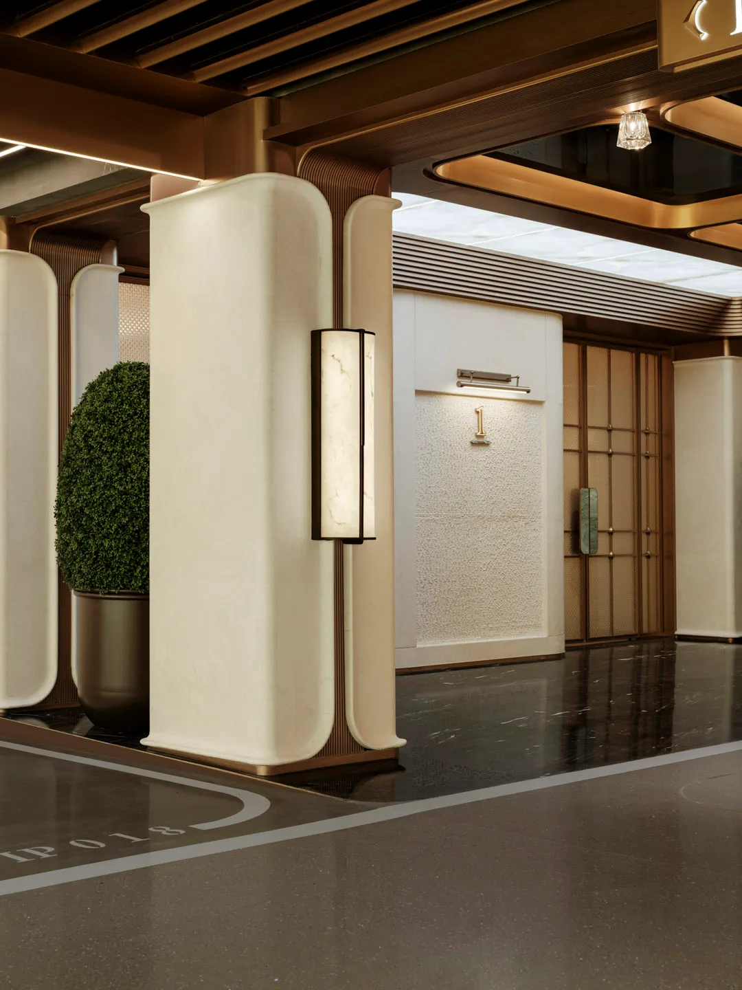 A bright and welcoming hallway with a large white concrete wall and a potted plant, adding a touch of greenery to the space