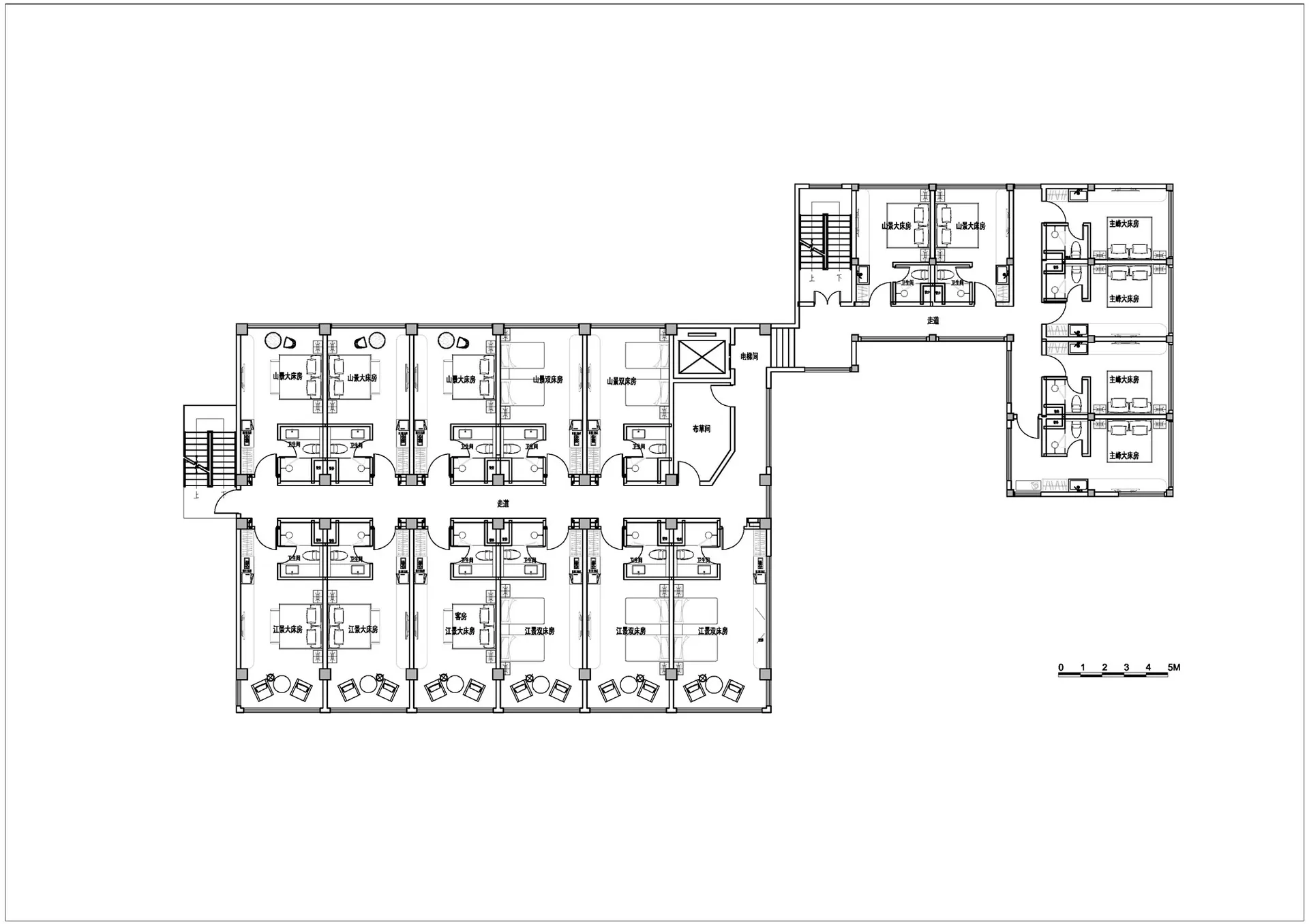 2D top-down floor plan of a multi-story building with room outlines, labels, measurements, and symbols, featuring a neutral color palette and natural lighting