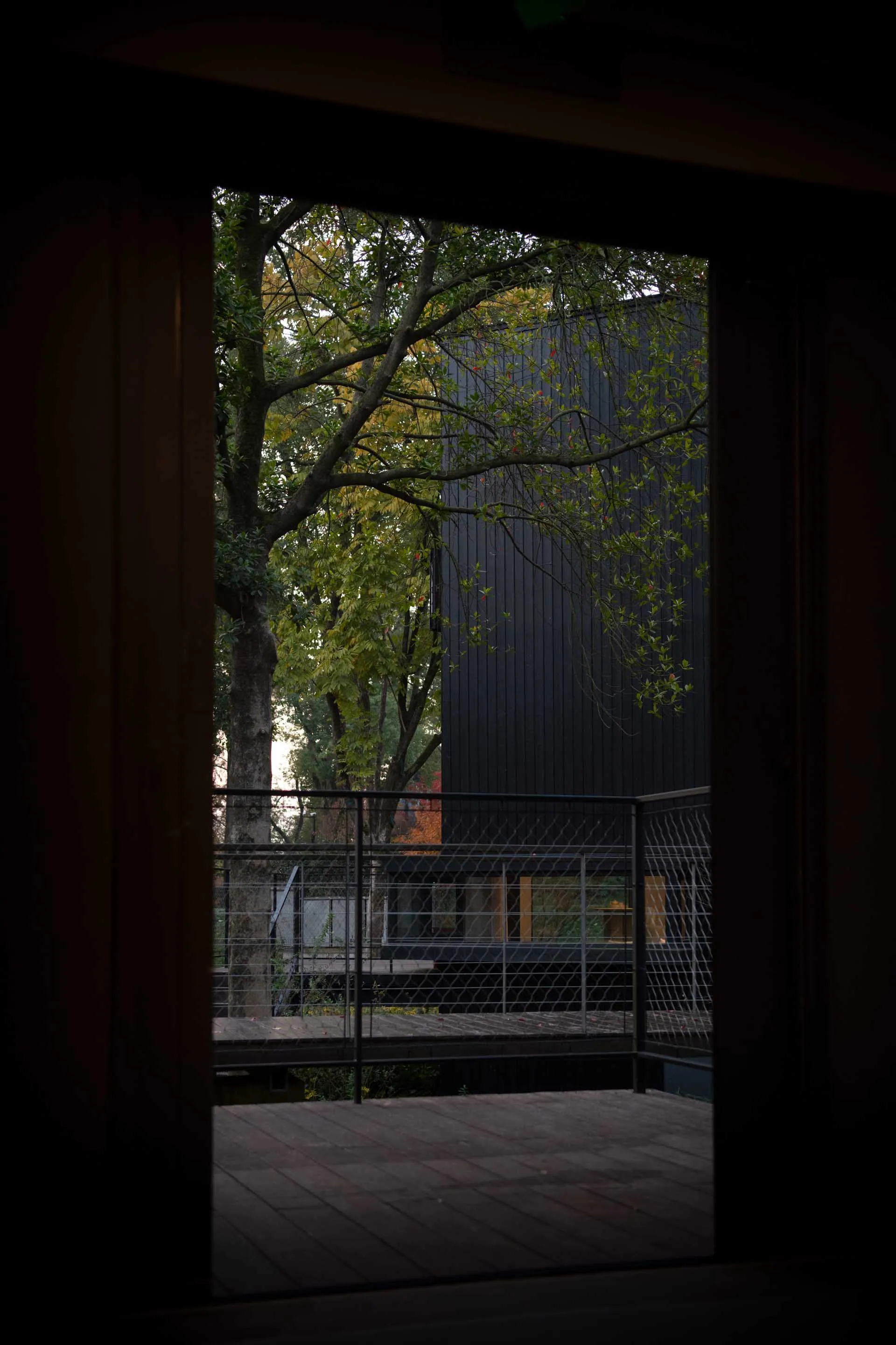 A black house with a deck and tree in front, set in a calm residential area