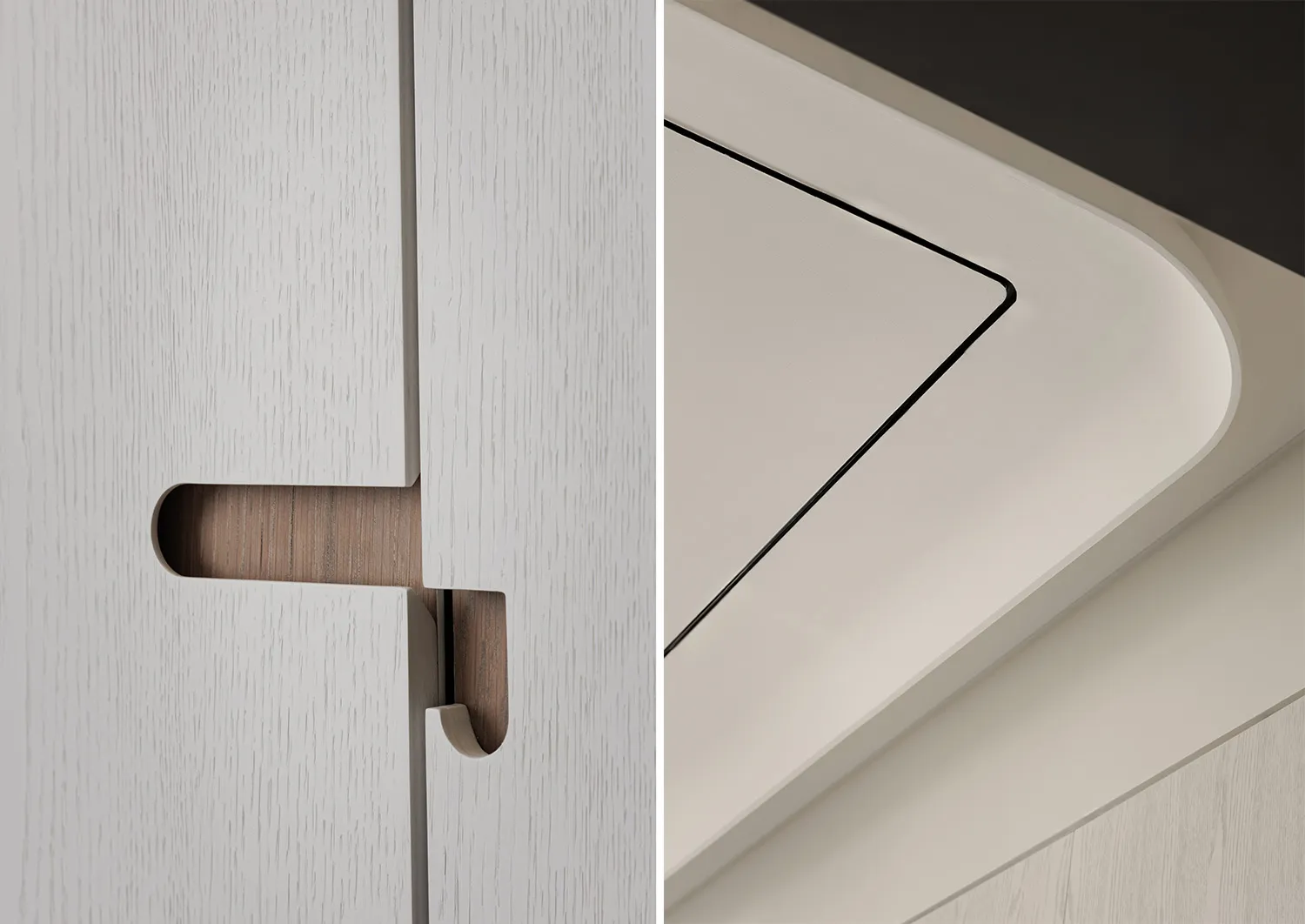 White kitchen cabinet with a wooden handle and a white wall with a vent