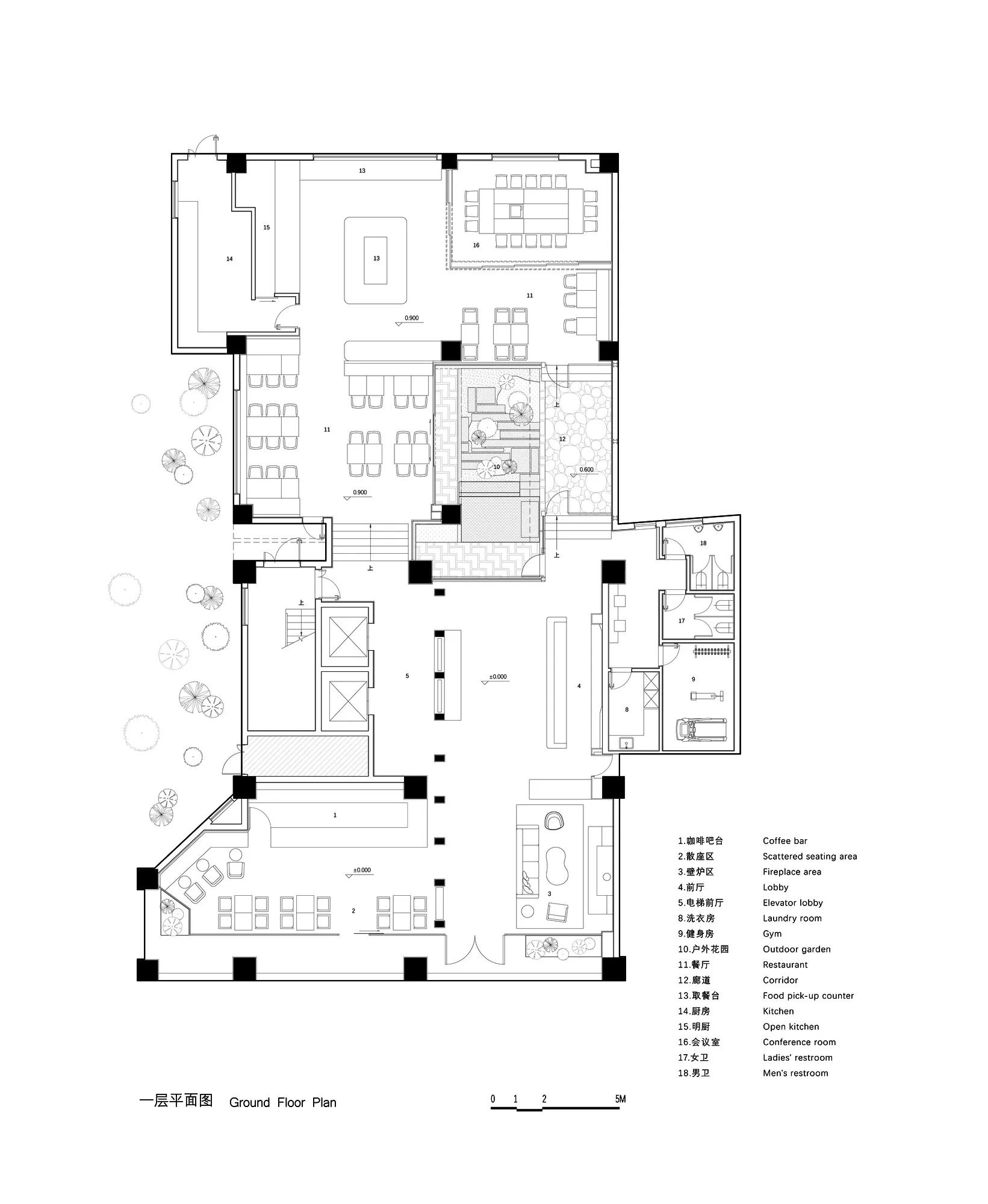 Black and white floor plan of a hotel with labeled rooms and spaces, featuring a simple and functional design with traditional materials and natural lighting