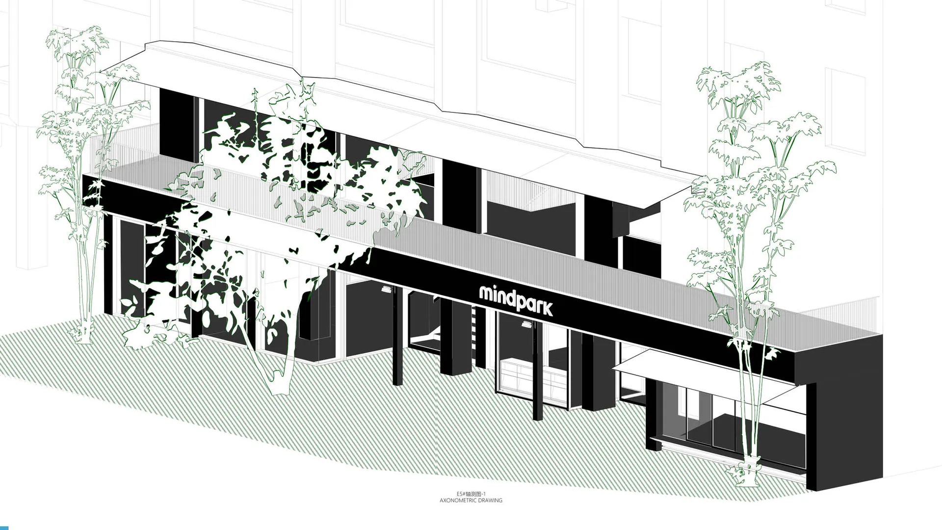 Modern building with a black and white color scheme, a large window, and a black awning, set against a serene outdoor backdrop with a tree and natural sunlight