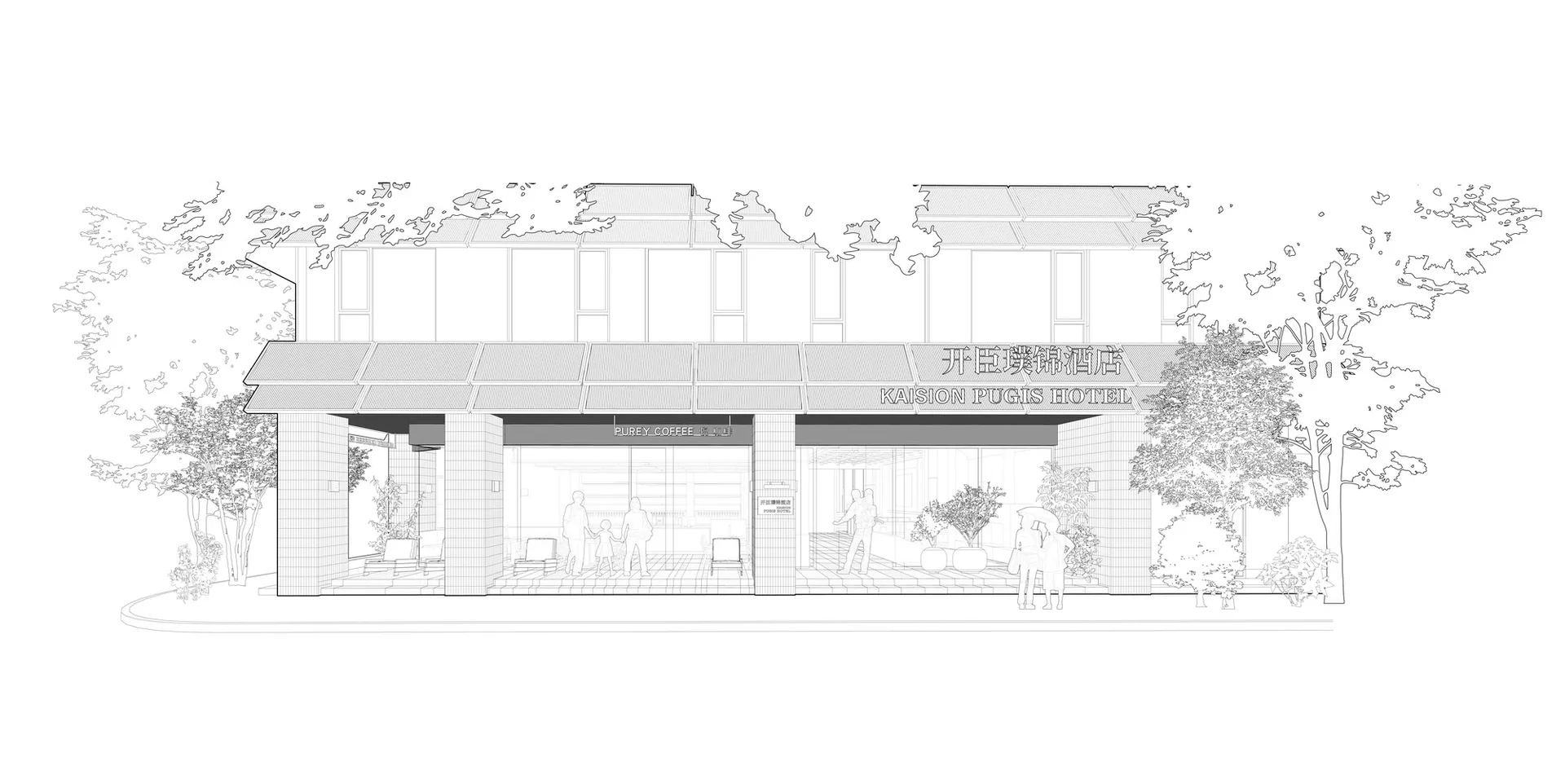 Black and white drawing of a hotel with a large window and balcony, featuring a classic and timeless architectural style