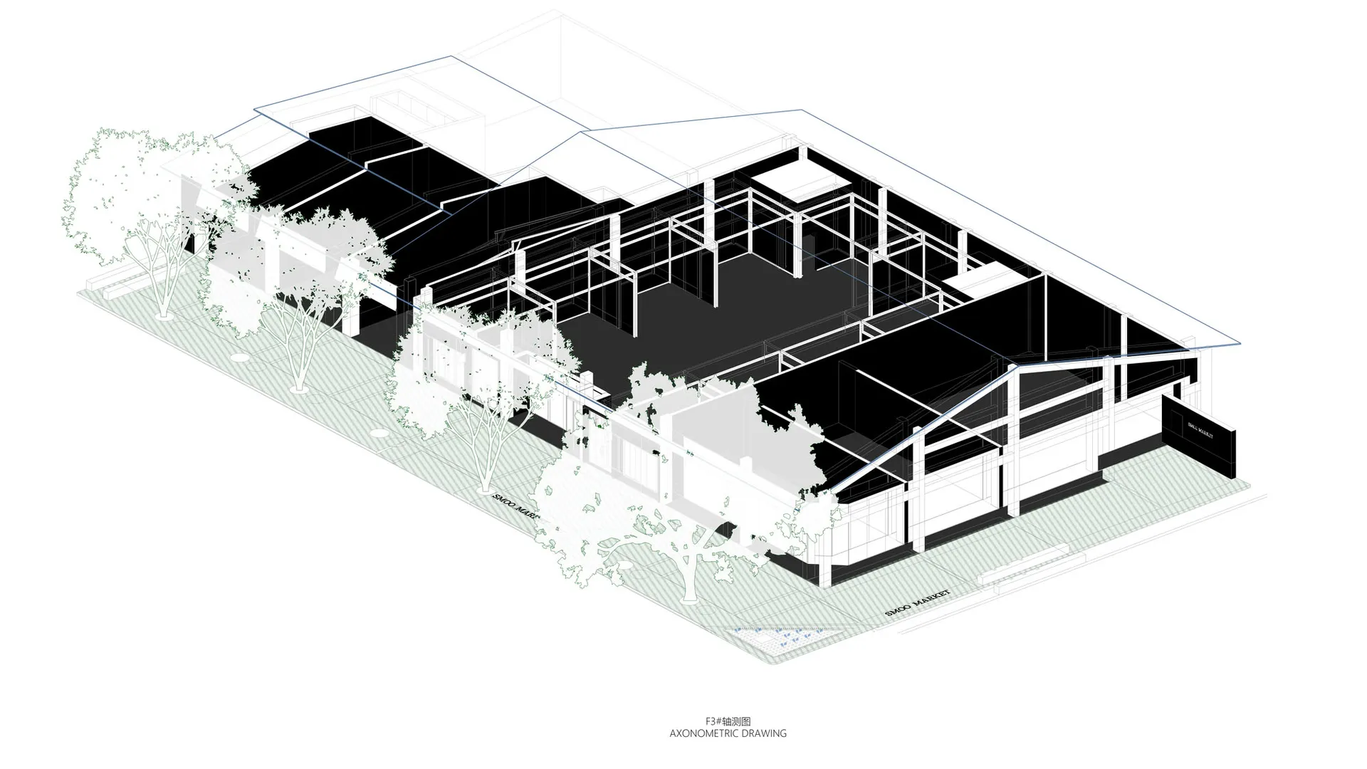 Black and white floor plan of a minimalist residential building with a focus on architectural structure and layout