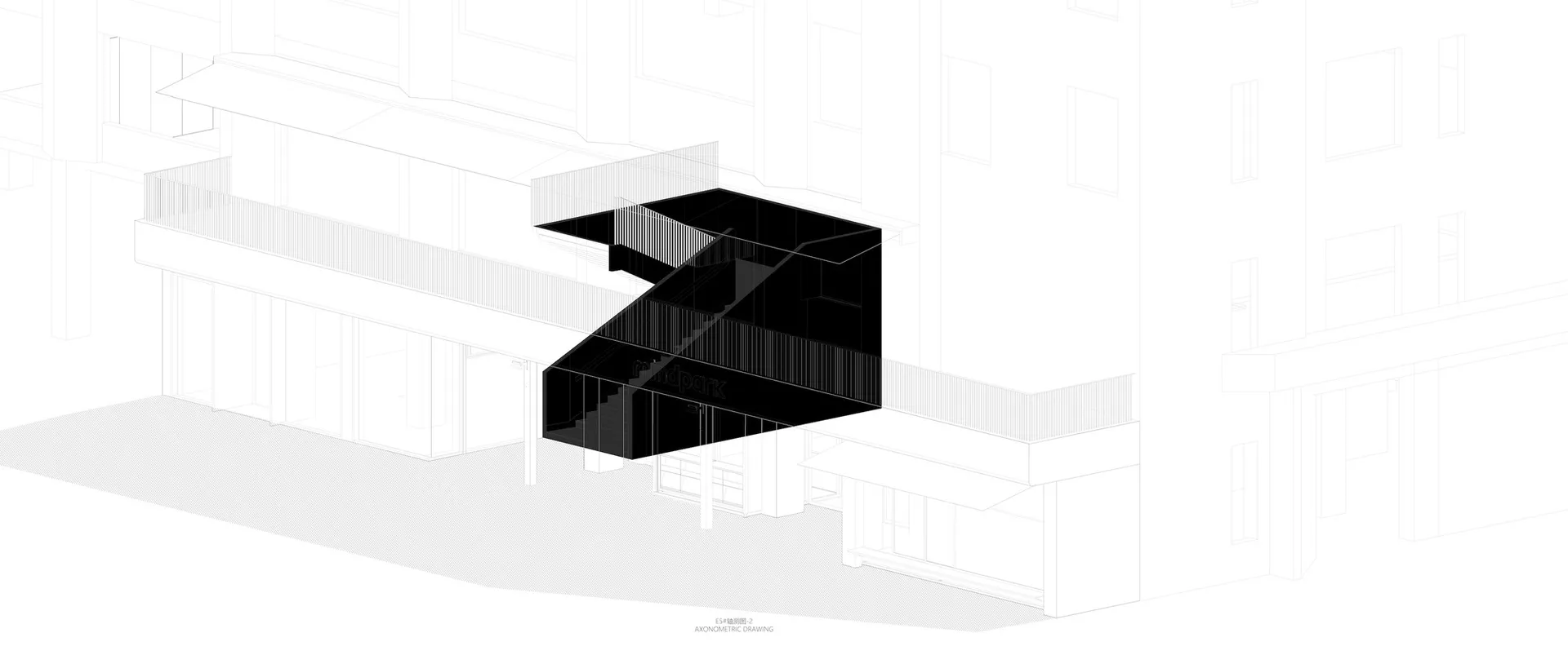 A dimly lit modern commercial space with a metal staircase in the center, surrounded by walls and a floor