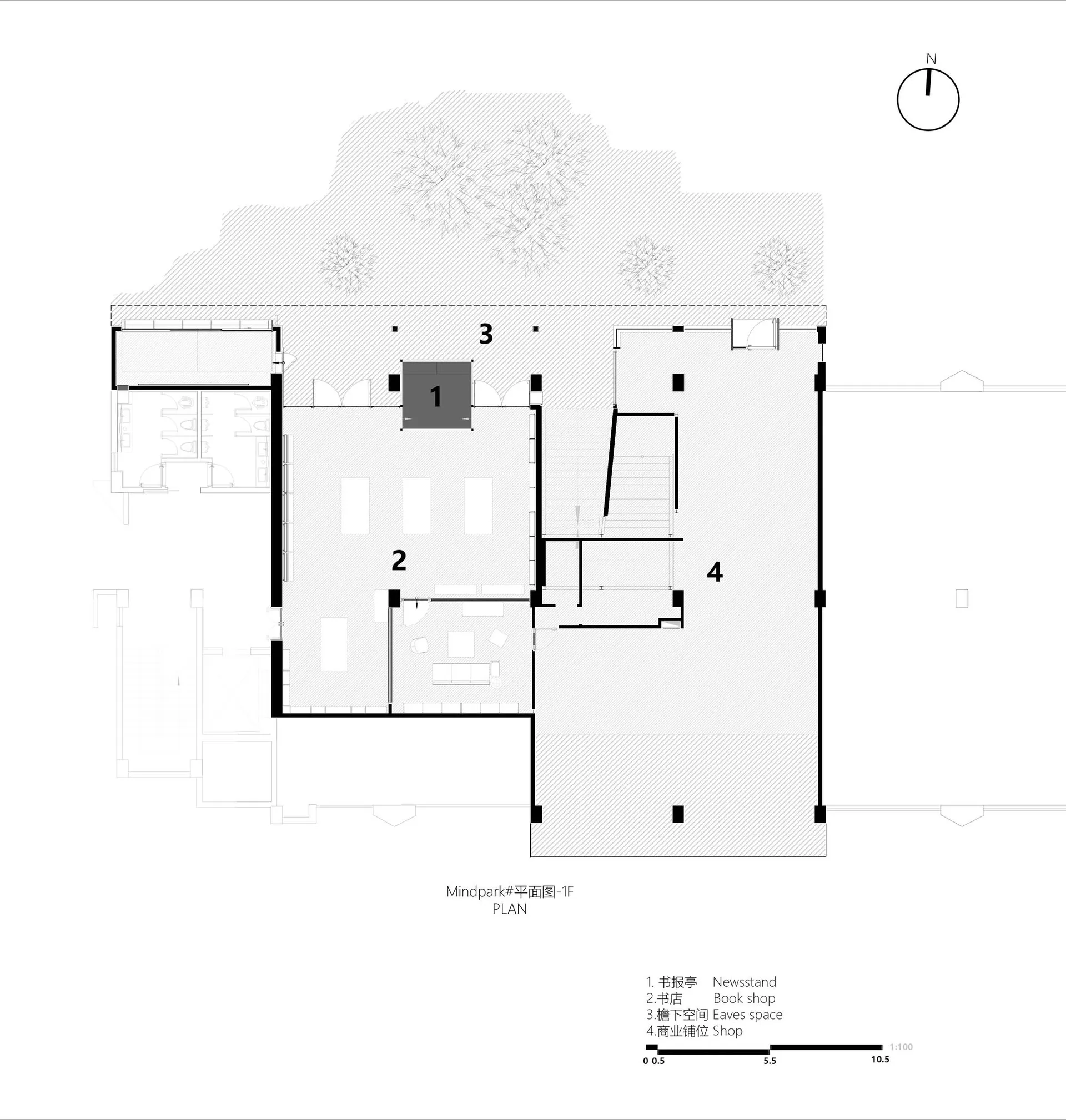 現代建築的黑白平面圖，包含多個房間，包括客廳、餐廳和廚房，特色為乾淨線條與極簡裝飾