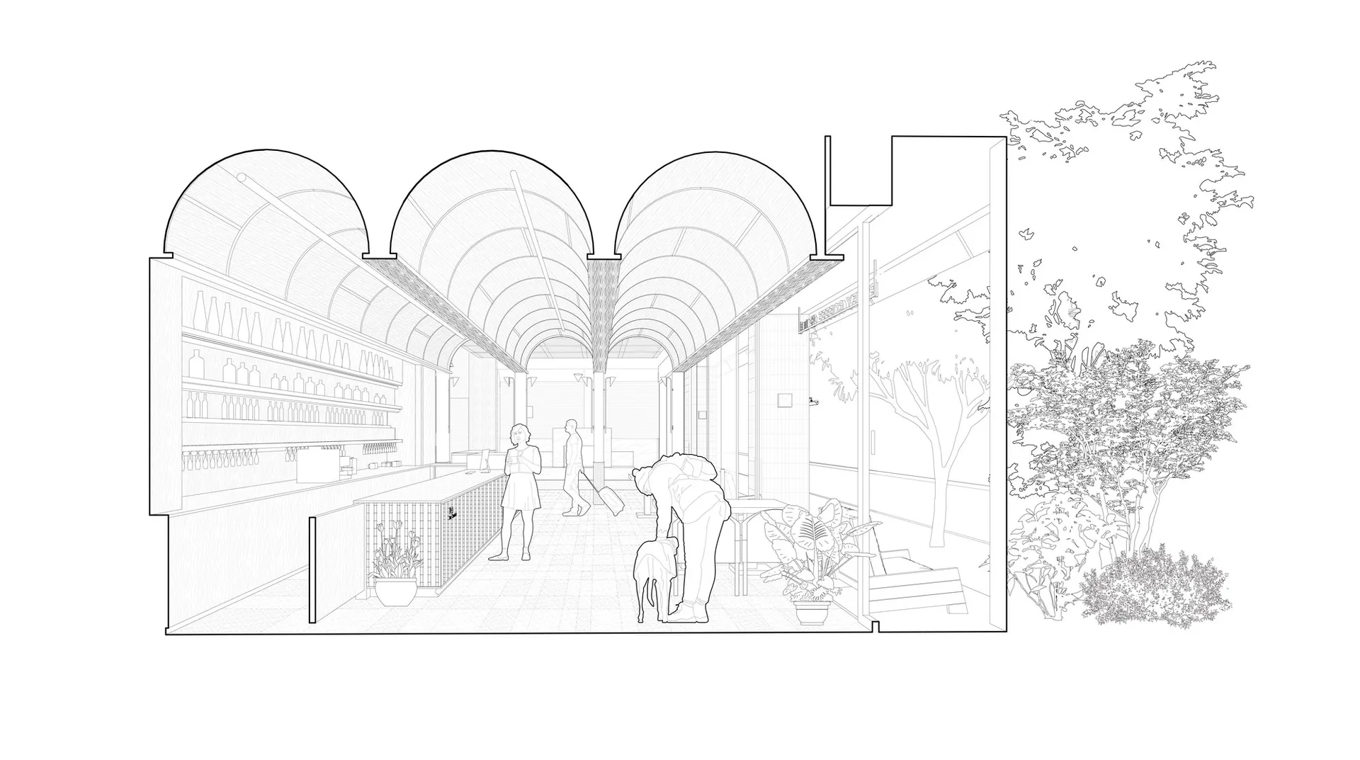Inviting dining space with an arched ceiling, a dining table, and potted plants, featuring a couple and a dog