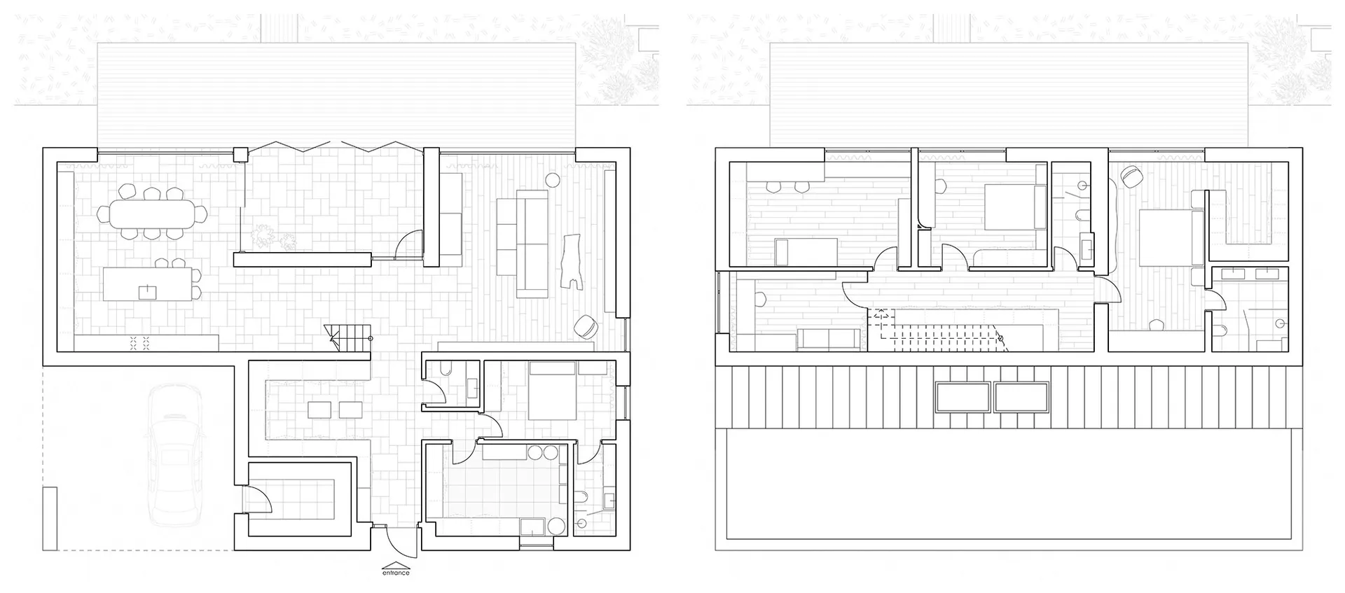 極簡住宅的黑白圖繪，包含兩層平面圖，顯示客廳、廚房、餐廳、臥室及衛浴