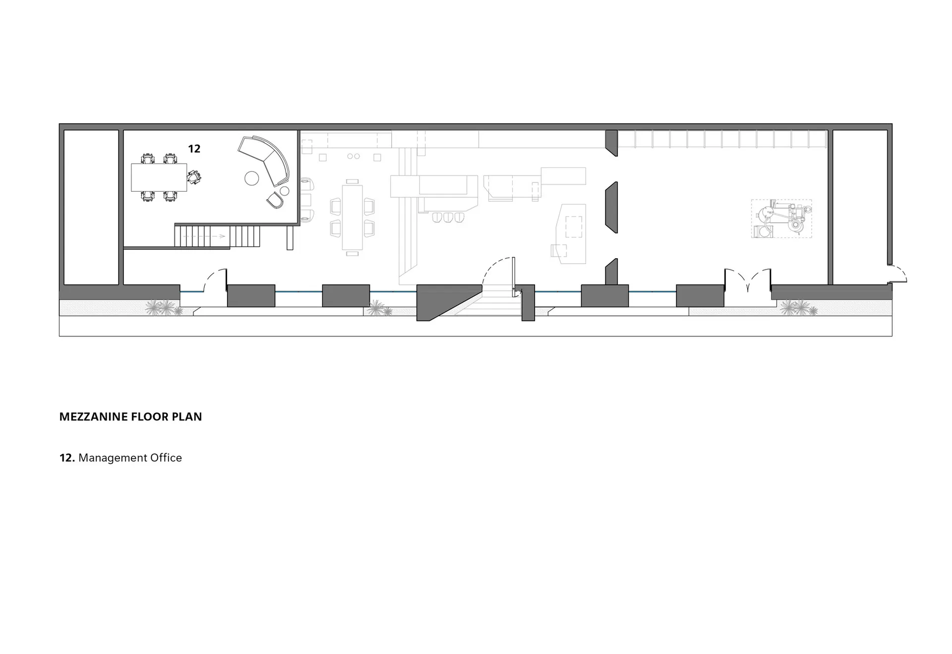 Detailed modern floor plan of an open space with a staircase, kitchen, and living room, featuring concrete and steel construction, clean lines, and natural lighting