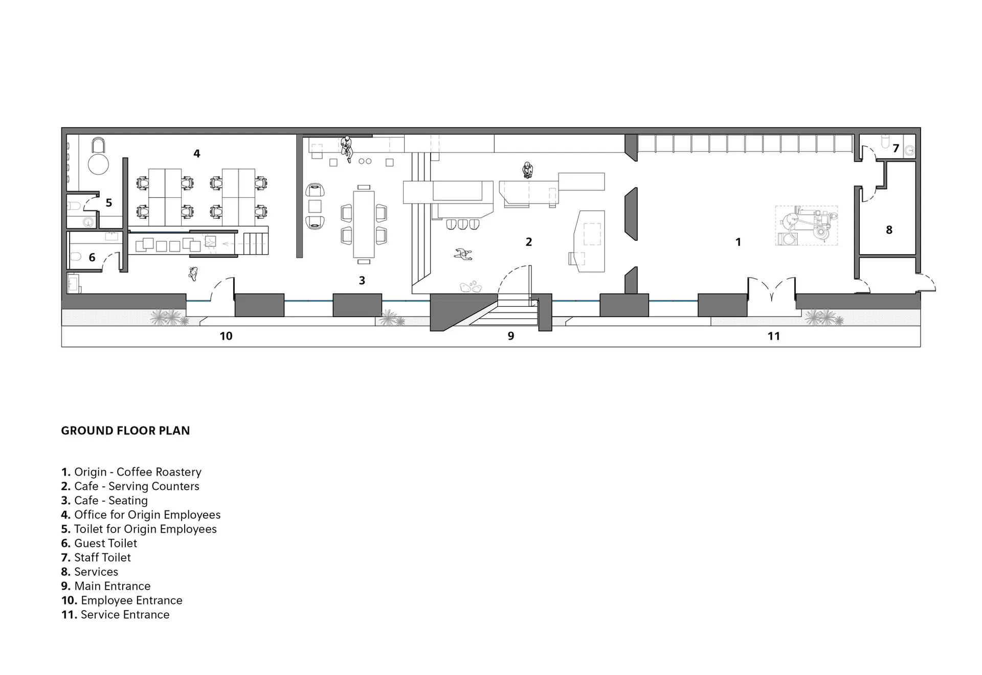 2D top-down floor plan of a commercial restaurant with modern design, featuring a kitchen, dining area, and other functional spaces