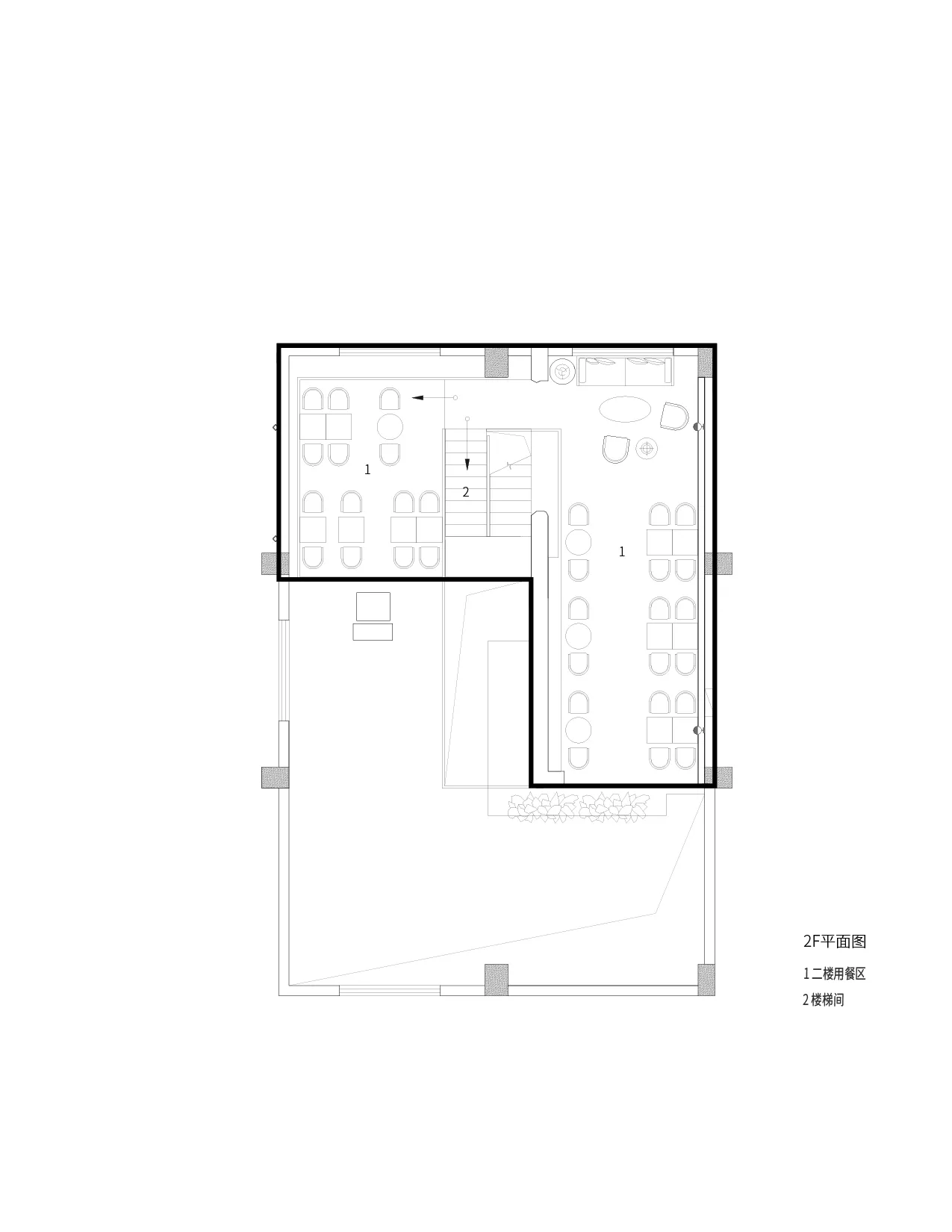 A modern dining and gathering space with tables and chairs arranged in various positions, creating a sense of depth and organization within the space