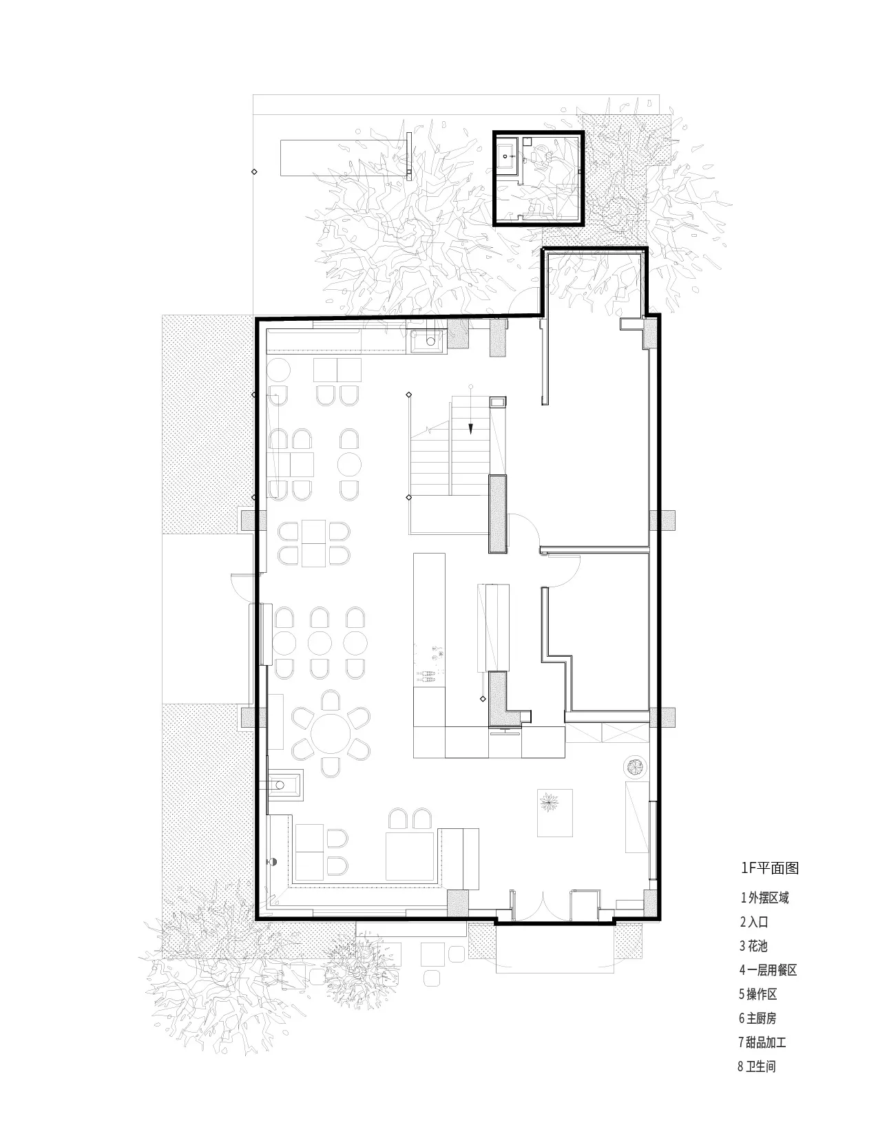 A modern open-plan space with white surfaces, furniture, and dim lighting, featuring a kitchen area and dining table