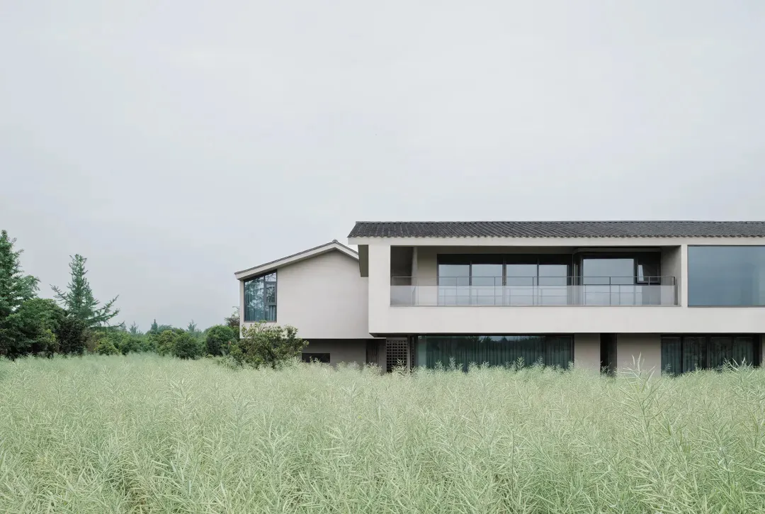Large modern house with white exterior, surrounded by a lush green field, featuring a deck and balcony with natural light and warm ambiance