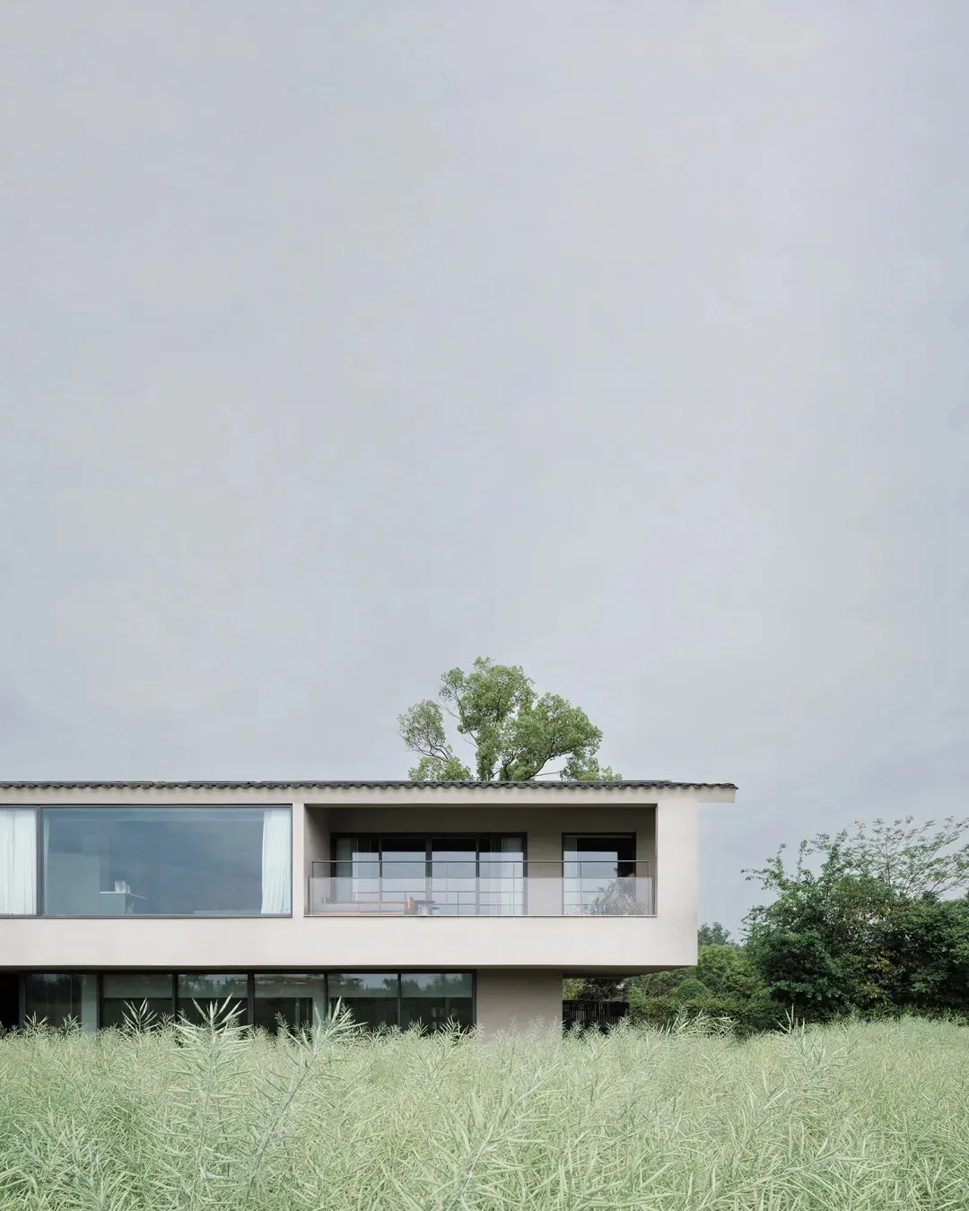 A modern house with a white exterior, large window, and balcony, set in a grassy suburban environment with natural light and warm atmosphere