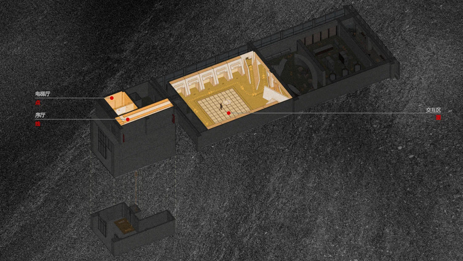 A black and white floor plan of a spacious room with a high ceiling, furniture, and natural light