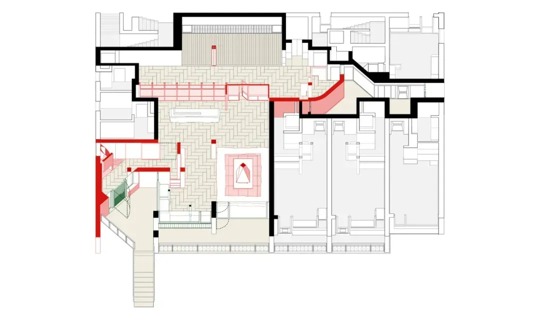 Large modern building with a floor plan layout, featuring a gym and pool, with concrete floor and glass walls, and natural lighting from windows